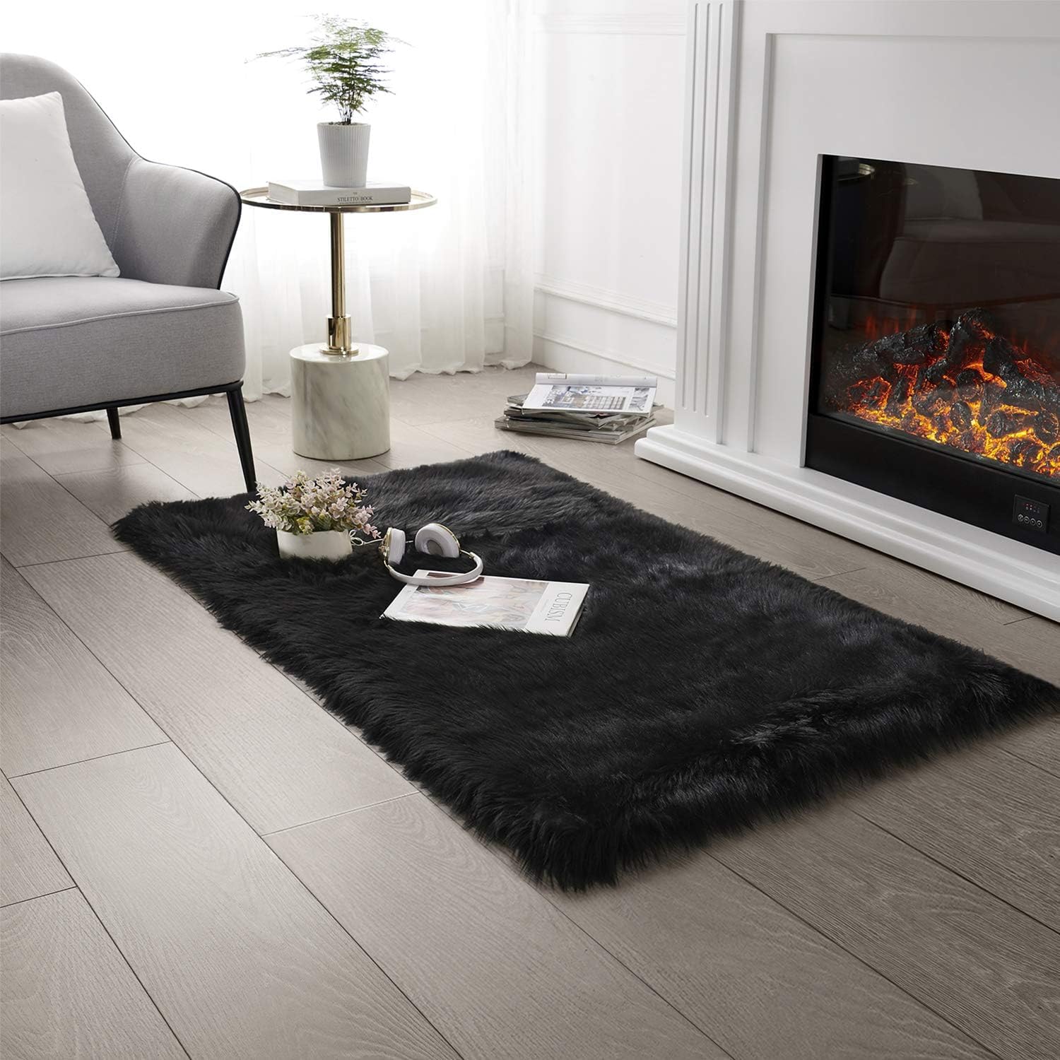 UCRAVO Super Soft Black Fluffy Carpet for Living Room, Bedroom & Home Decor –Modern Carpet Anti-Skid Velvet Shaggy Rug for Floor, Bedside, Kids Room & Sofa Area – Washable Thick Plush Fur Mat
