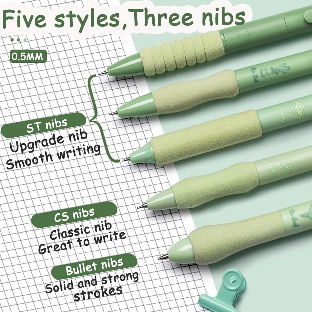 UCRAVO Green Tea 5 Pcs Gel Retractable Quick Dry Blue Ink 0.5mm Fine Point Aesthetic Stuff Ink Comfort Grip Smooth Writing Journaling Note Taking Pens Bulk Pens School Office Supplies Green