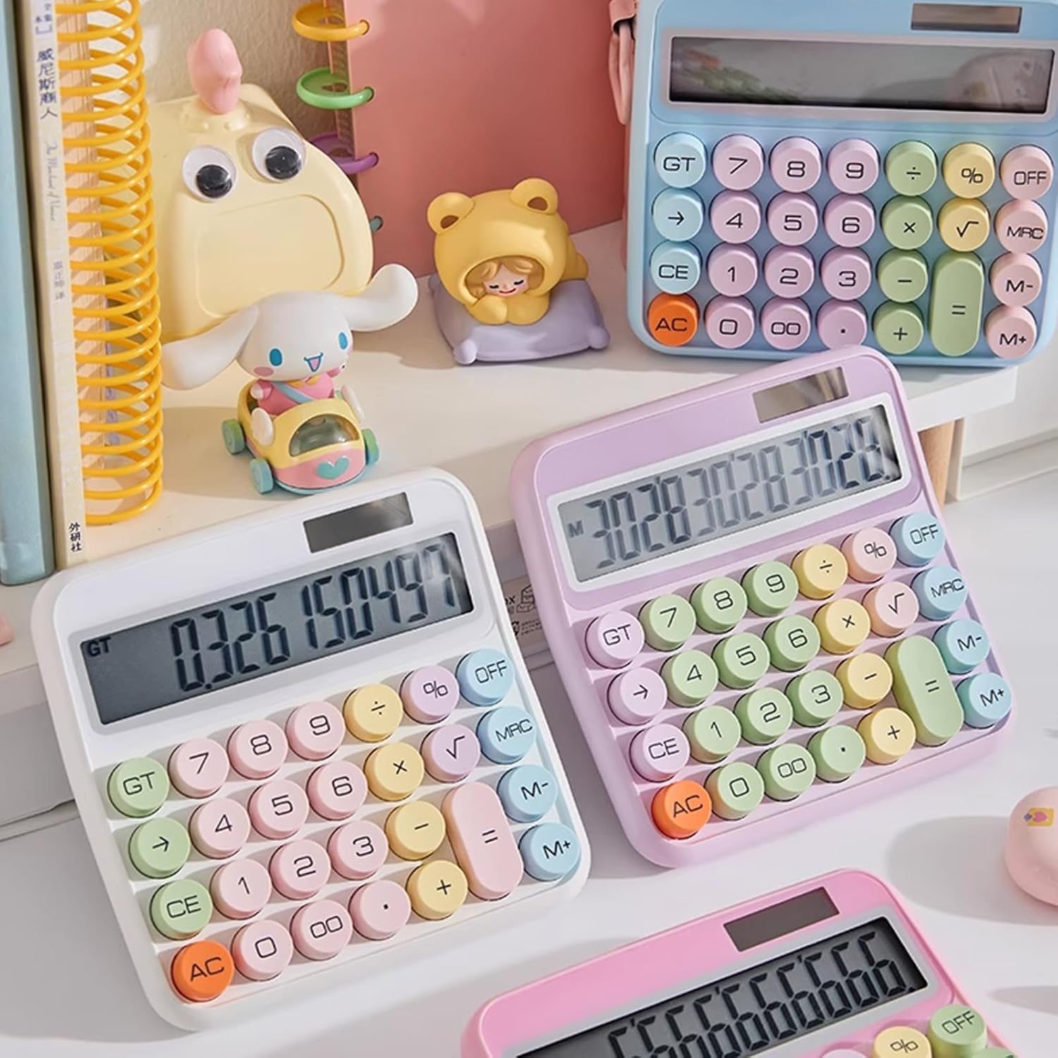 UCRAVO Cute Blue Desktop Calculator, 12-Digit Large LCD Display with Tilt Screen, Pastel Mechanical Round Button, Big Key Adding Machine for Office, School, Business & Aesthetic Desk