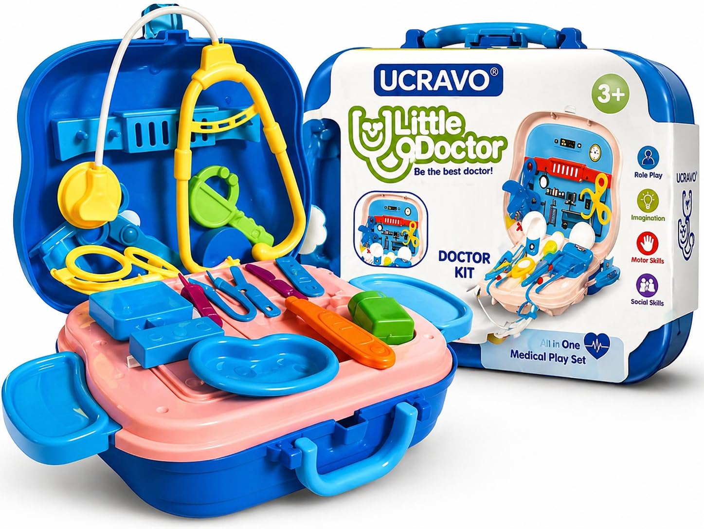 UCRAVO Kids Doctor Play Set Medical Kit Toy for Boys & Girls Doctor Kit with Stethoscope, Tools & Storage Carry Case | Educational Role Play Toy for Toddlers, Preschool Learning,Indoor Activity Toy
