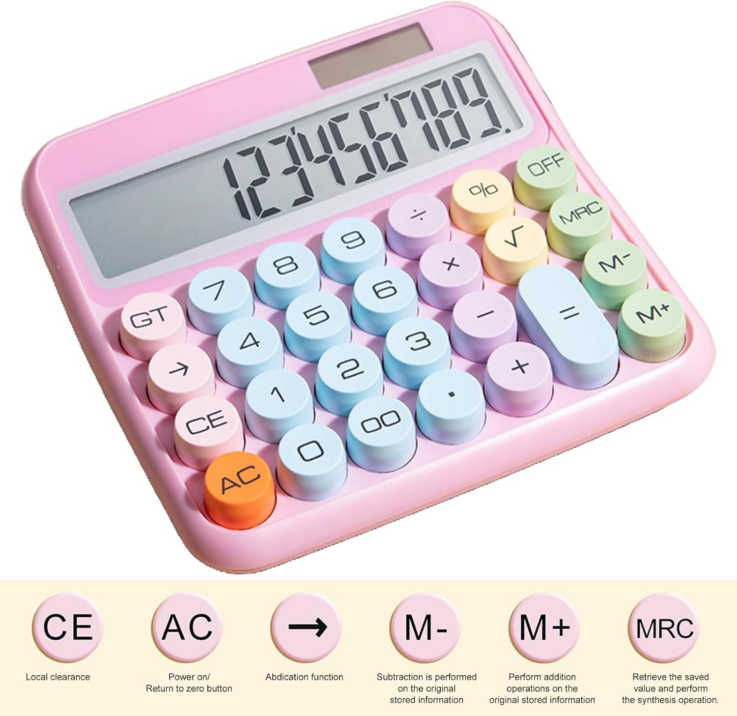 UCRAVO Cute Pink Calculator, 12-Digit Large LCD Display, Pastel Mechanical Round Button, Big Size Desktop Adding Machine for Office, School & Home, Aesthetic Stationery