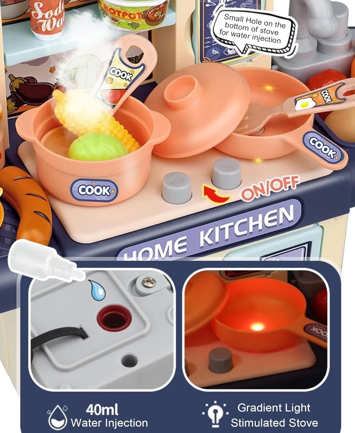UCRAVO Kids Kitchen Play Set with Light & Sound, Pretend Play Cooking Set for Kids, Mini Kitchen Toy with Sink, Stove, Utensils & Food Accessories, Educational Role Play Toy for Boys Girls 3+ Years