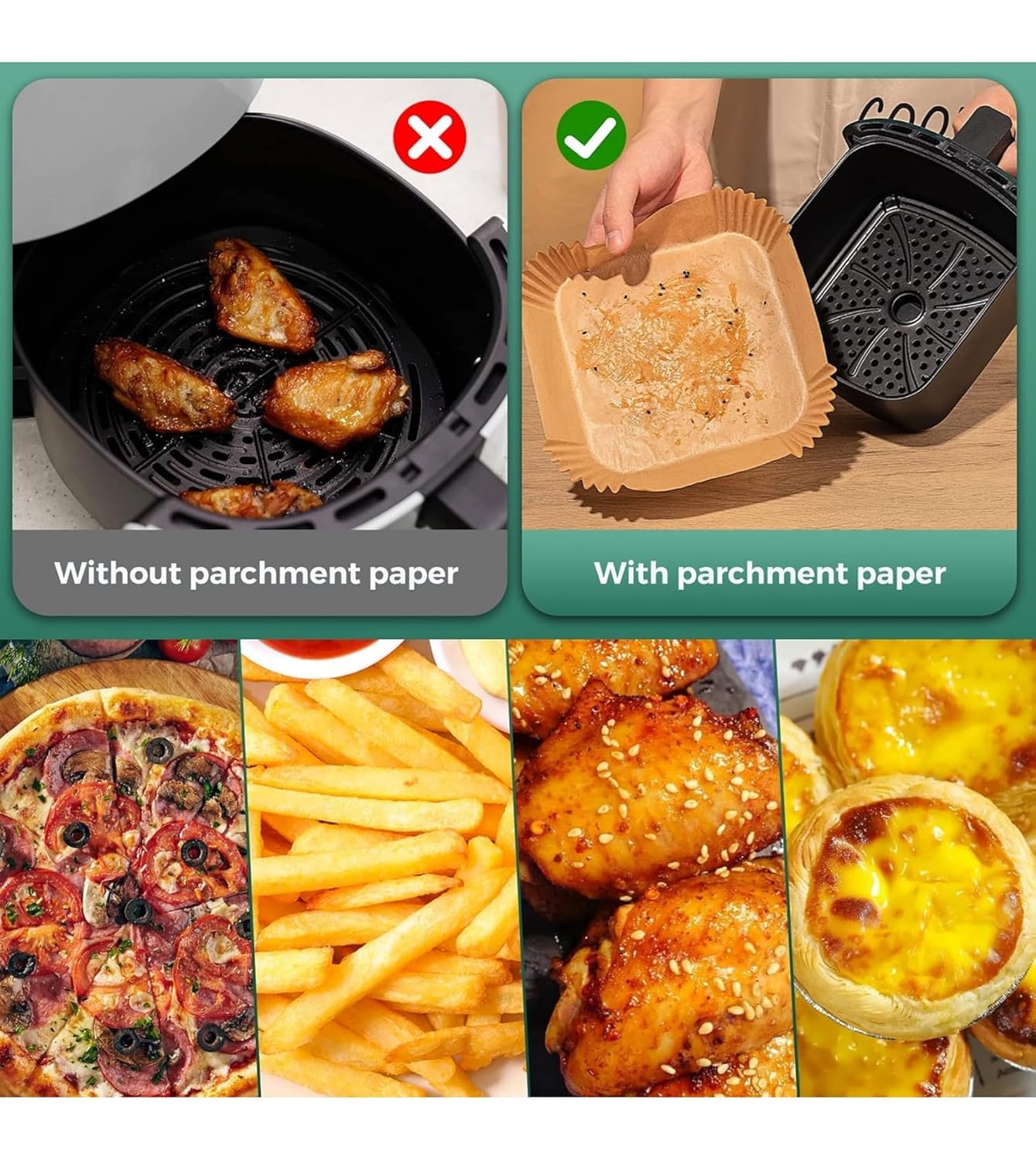 UCRAVO 100 PCS Air Fryer Paper Sheets Disposable Parchment Liners | Non-Stick Baking Paper | Heat Resistant Greaseproof Waterproof Air Fryer Tray Liners for Frying, Roasting, Microwave & Oven Cooking