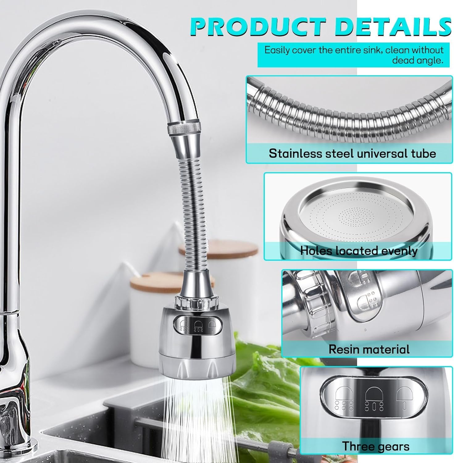 UCRAVO Movable Kitchen Faucet Head 360° Rotatable Faucet Sprayer Head Replacement Anti -Splash Tap Booster Shower and Water Saving Faucet for Kitchen