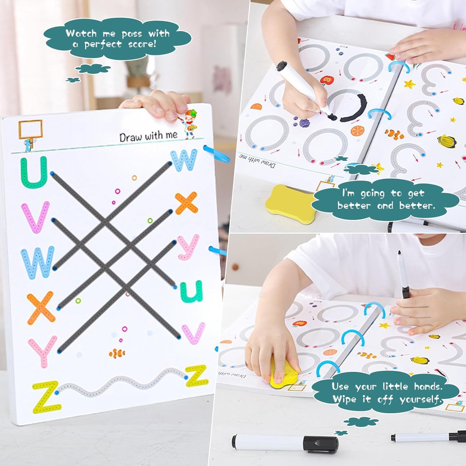 UCRAVO Kids Connecting Dots Handwriting Practice Workbook Set | Montessori Alphabet Writing Book | Number Tracing, ABC Learning, Mindfulness Activity Kit with Pens & Eraser | Reusable Practice Sheets