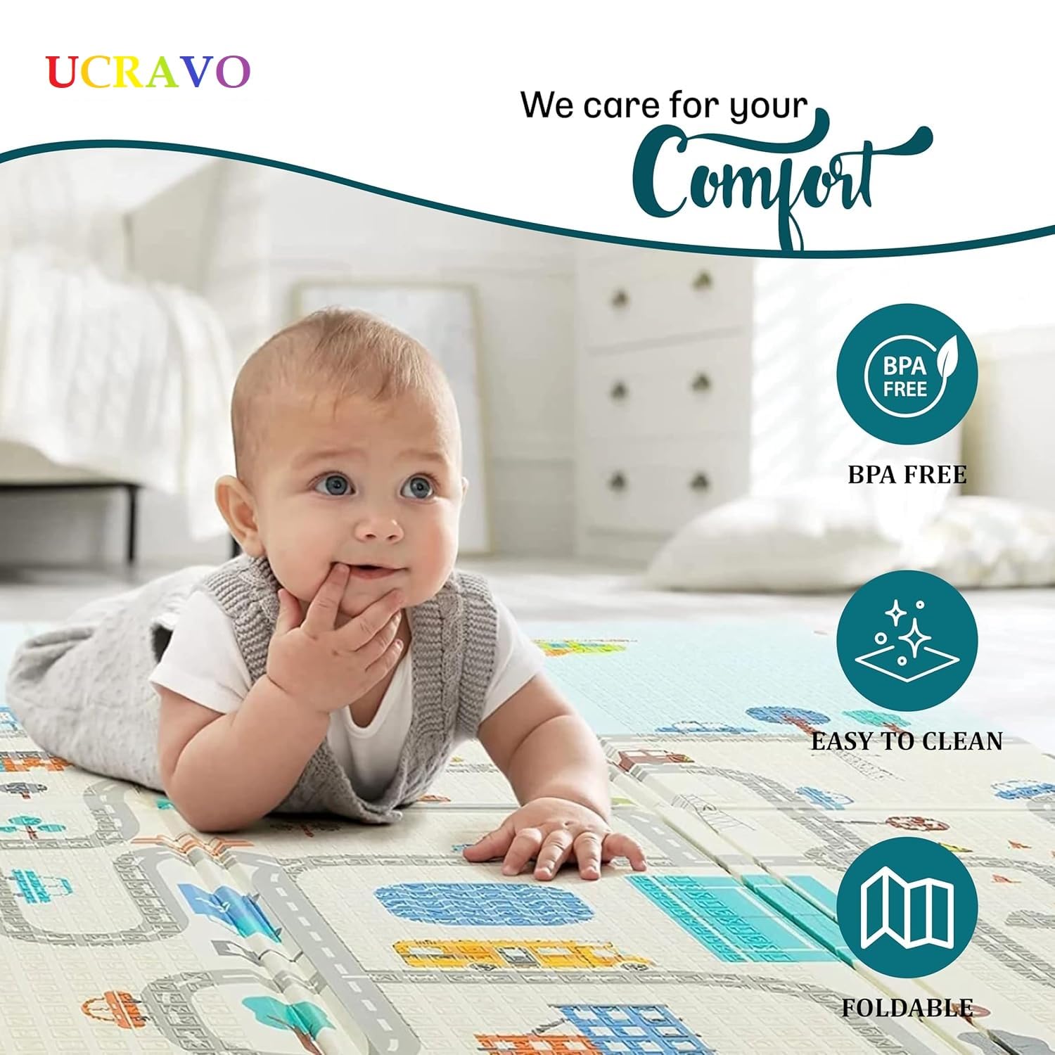 UCRAVO play mat for babies 0 to 12 months baby mats for floor Large Foldable Play Mattress for Babies, baby play mat for 0 to 2 years, Anti-Slip & Waterproof Crawling Mat, Thick Foam for Kids, Portable Indoor/Outdoor Use, Perfect for Learning & Play