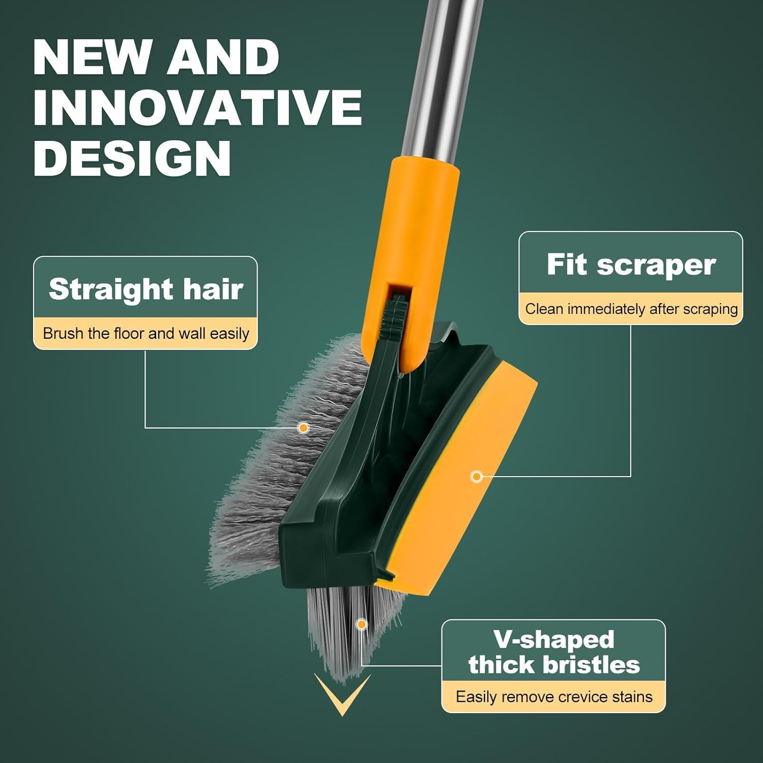 UCRAVO Floor Scrub Brush 3 in 1 Multifunctional Scrape Brush with Squeegee Long Handle Scrub Brush with V-Shaped Bristles Flexible Cleaning Magic Broom Brush for Floor Bathroom Kitchen Wall Deck Tile