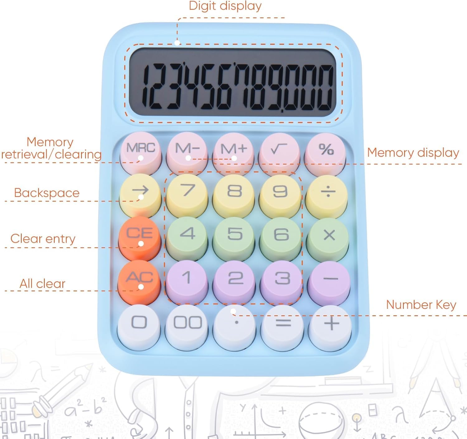 UCRAVO Blue Cute Candy Colored Basic Calculator 12-Digit, Large LCD Display, Sugar Cube Buttons, Desktop Office School Supplies