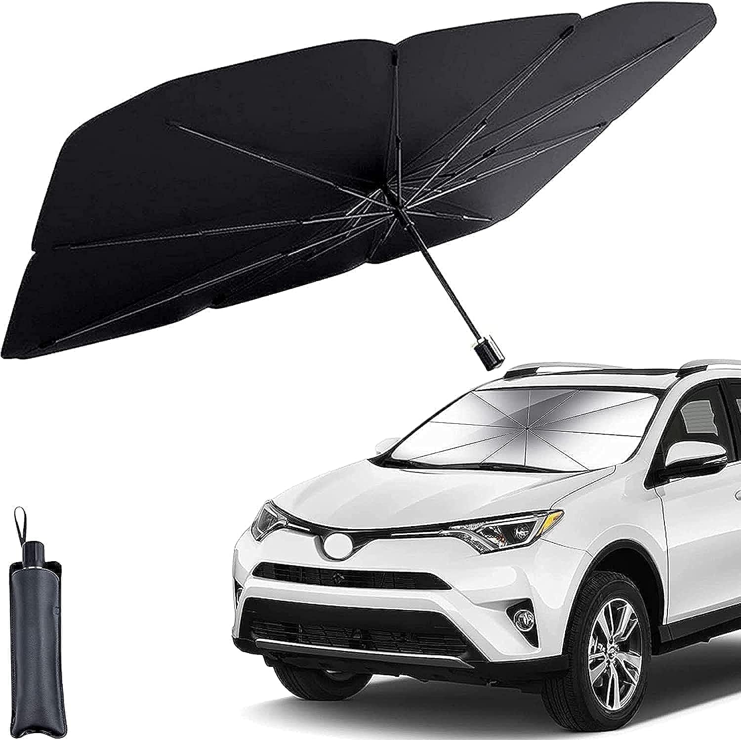 UCRAVO Car Windshield Sun Shade Umbrella, Foldable Windshield Sunshade Front Cover with UV Block, 360°Rotation Bendable Front Window Heat Insulation Protection for Auto Windshield Covers