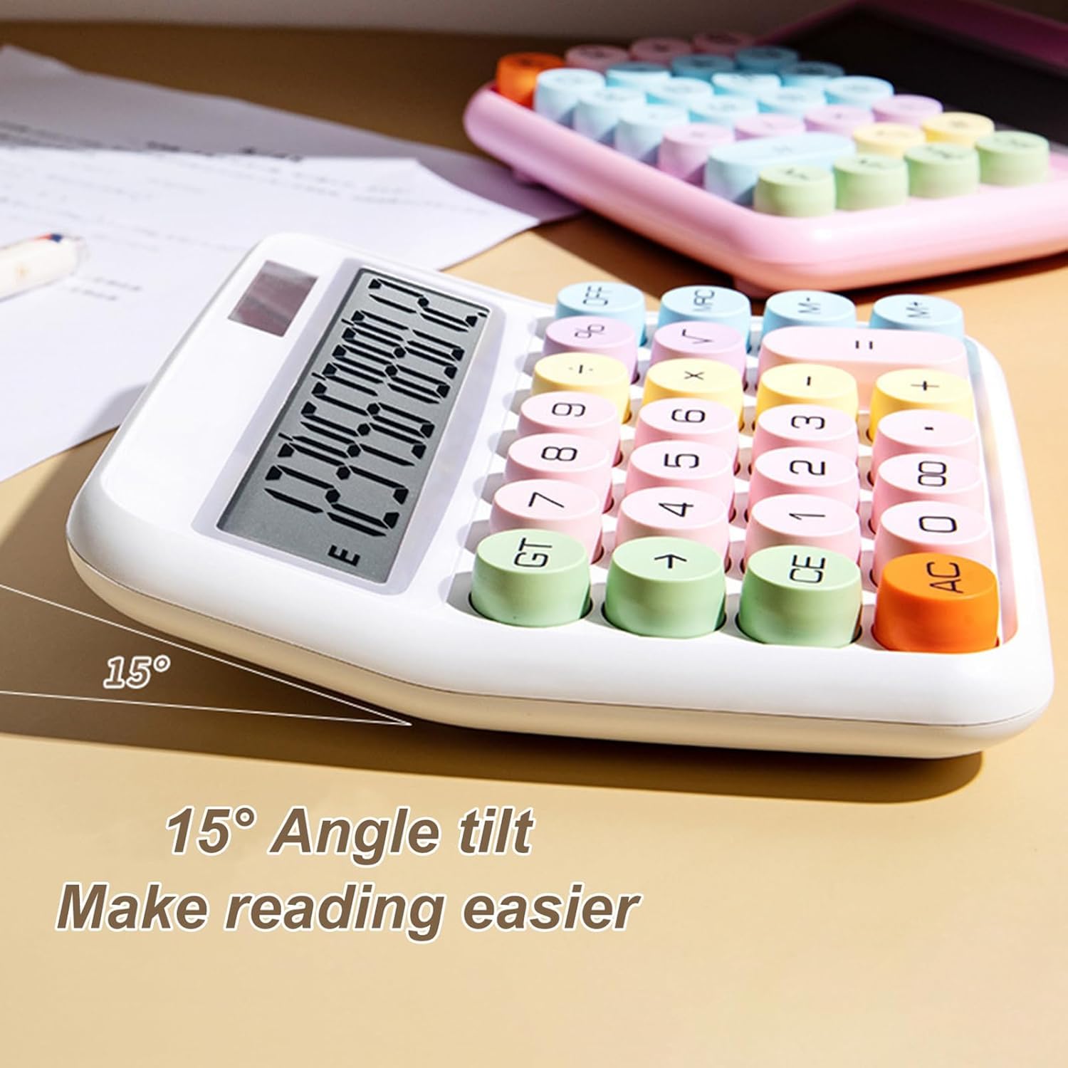 UCRAVO Cute Pink Calculator, 12-Digit Large LCD Display, Pastel Mechanical Round Button, Big Size Desktop Adding Machine for Office, School & Home, Aesthetic Stationery