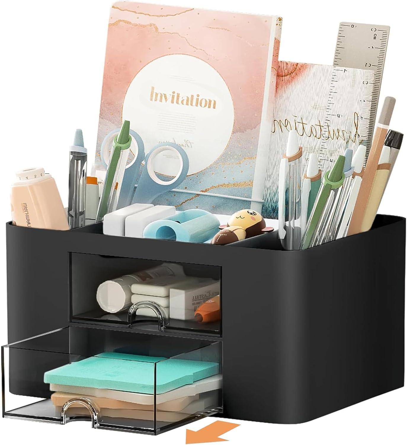 UCRAVO Stylish Stackable Desk Organizer with 2 Drawers and 5 Compartments– Multi-Functional Desktop Storage Box with Pen Holder for Home, Office, School, Craft Supplies, and Art Stationery - Blue