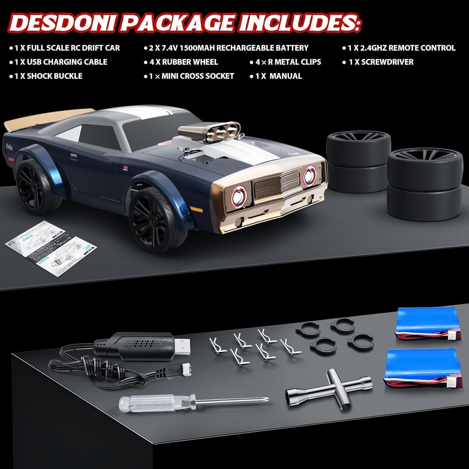 UCRAVO 1:16 Scale High Speed Drift Racing Remote Control Car 4WD 38KM/H | 2.4GHz Wireless RC Drift Car with LED Headlights | Rechargeable Battery, Extra Drift Tires & Tool Kit | Fast RC Racing Car