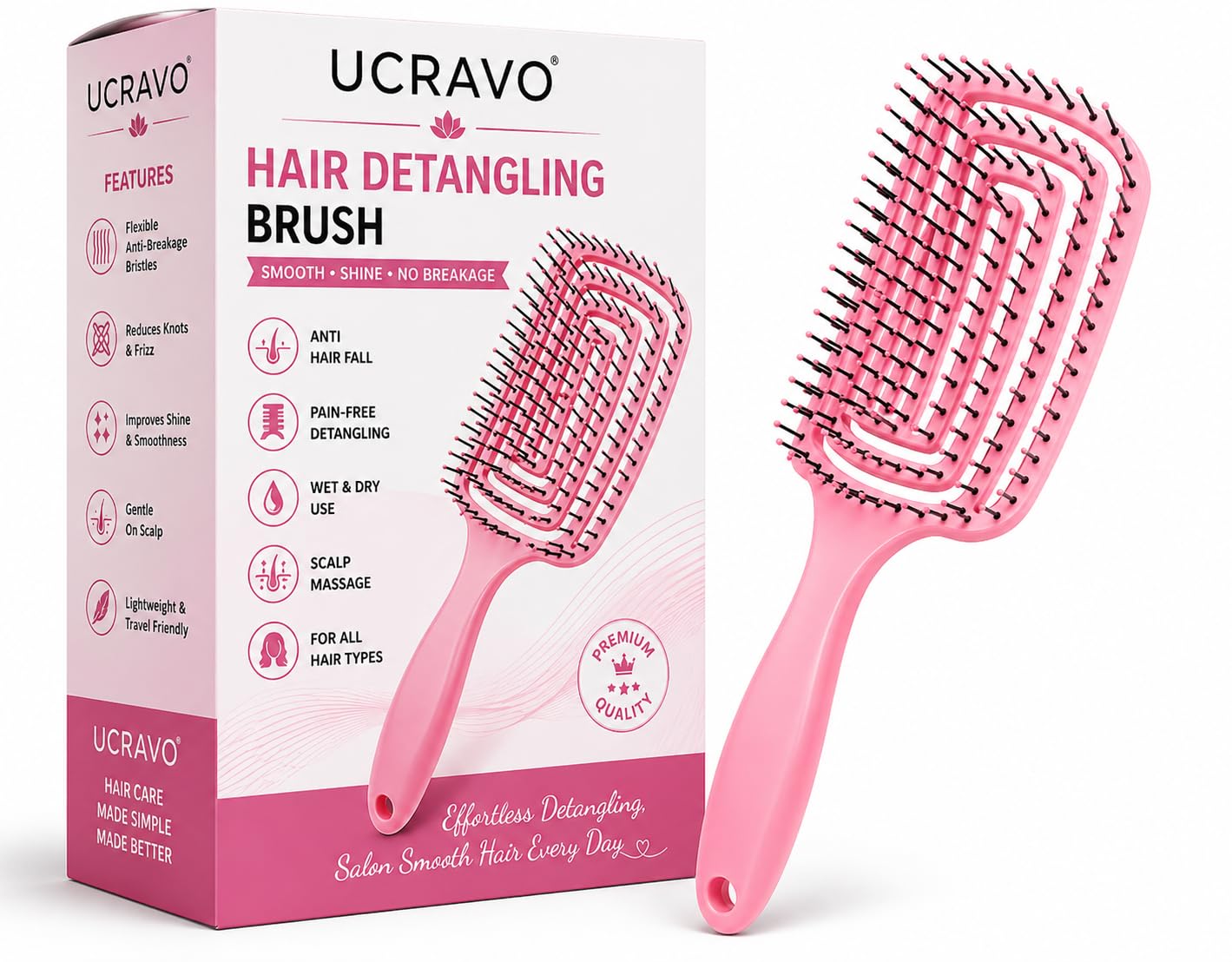 UCRAVO Hair Detangling Brush for Women Men Kids Anti Hair Fall Paddle Brush for Curly Thick Thin Hair | Wet & Dry Hair Brush for Smooth Shiny Hair Scalp Massage Comb for Frizz Control & Easy Styling (Multicolor)