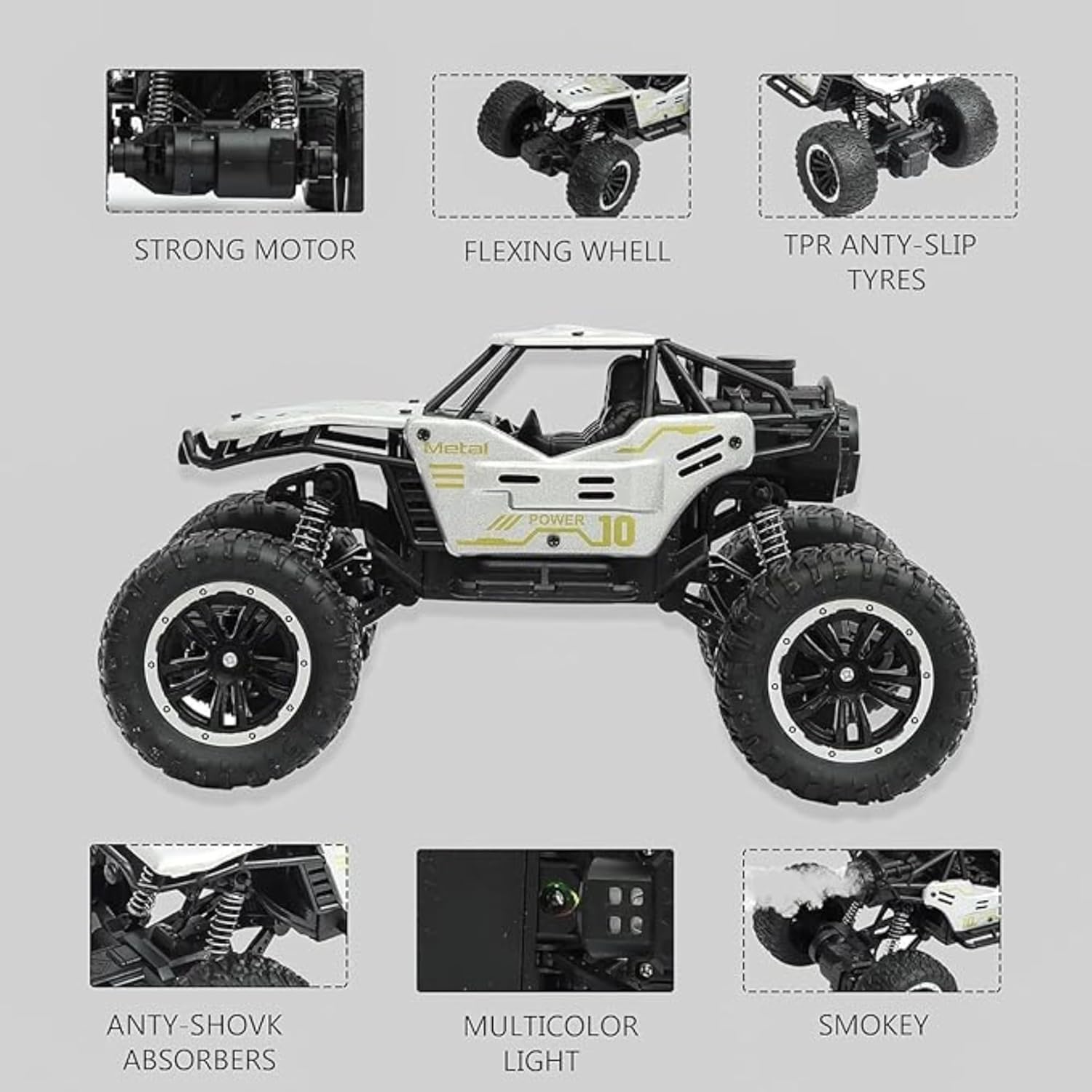 UCRAVO Remote Control Off Road Monster Truck for Kids with Mist Smoke Effect | 2WD Rock Crawler RC Car with 2.4GHz Remote Control | All Terrain Big Wheel RC Toy Vehicle for Boys Girls | RC Car Gift