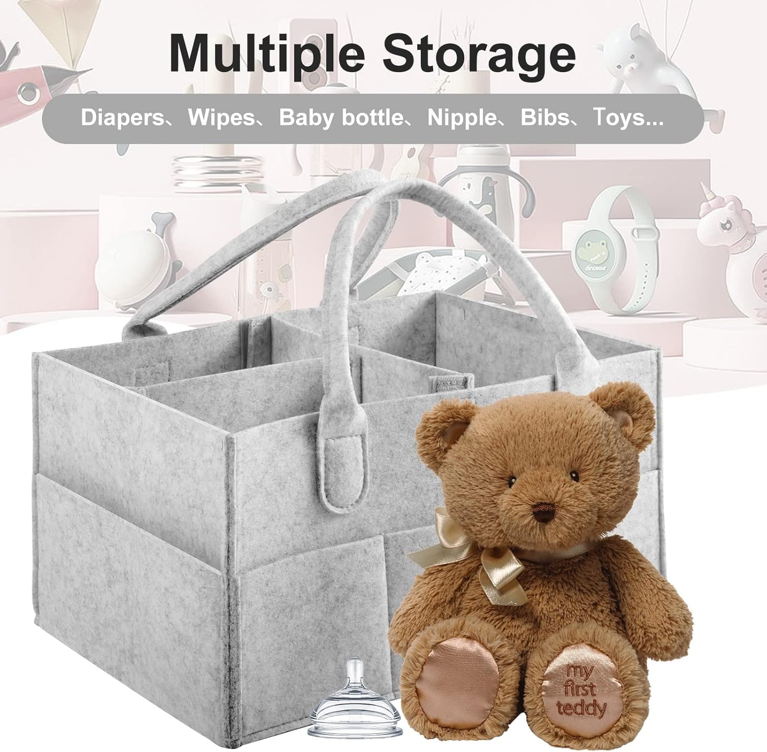 UCRAVO Baby Diaper Caddy Organizer with handles - Nursery Storage basket and Car Organizer for Diapers and Baby Wipes - 5 Compartments, 8 Pockets, Soft, Sturdy, and Convenient Baby Shower Gifts - Grey