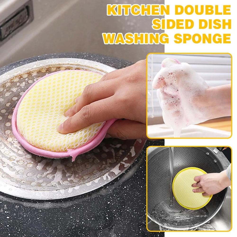 UCRAVO 5PS Dish Sponges, Double Sided Non-Scratch Scrub Cleaning Sponges, Rough Scrubbers Side for Non-Stick Cookware, Soft Microfiber Scrub for Dishes, Household Cleaning Tools for Kitchen Bathroom
