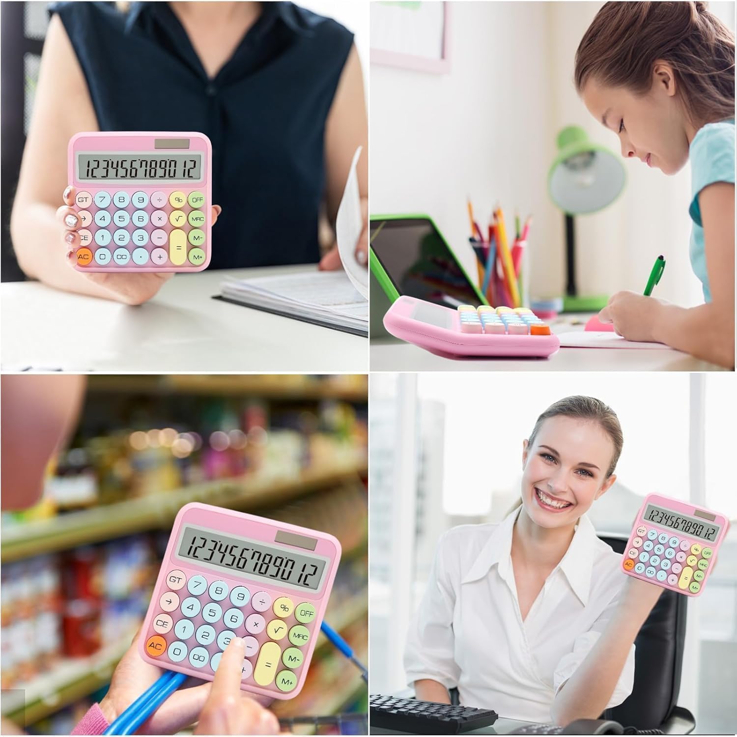 UCRAVO Cute Pink Calculator, 12-Digit Large LCD Display, Pastel Mechanical Round Button, Big Size Desktop Adding Machine for Office, School & Home, Aesthetic Stationery