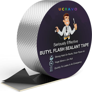 UCRAVO Super Strong Adhesive Waterproof Permanent Repair Aluminum Butyl Tape Rubber Foil Suitable for Roof Leak, Surface Crack, Window Sill Gap, Boat Sealing, Home Renovation(5CM*5M), Silver