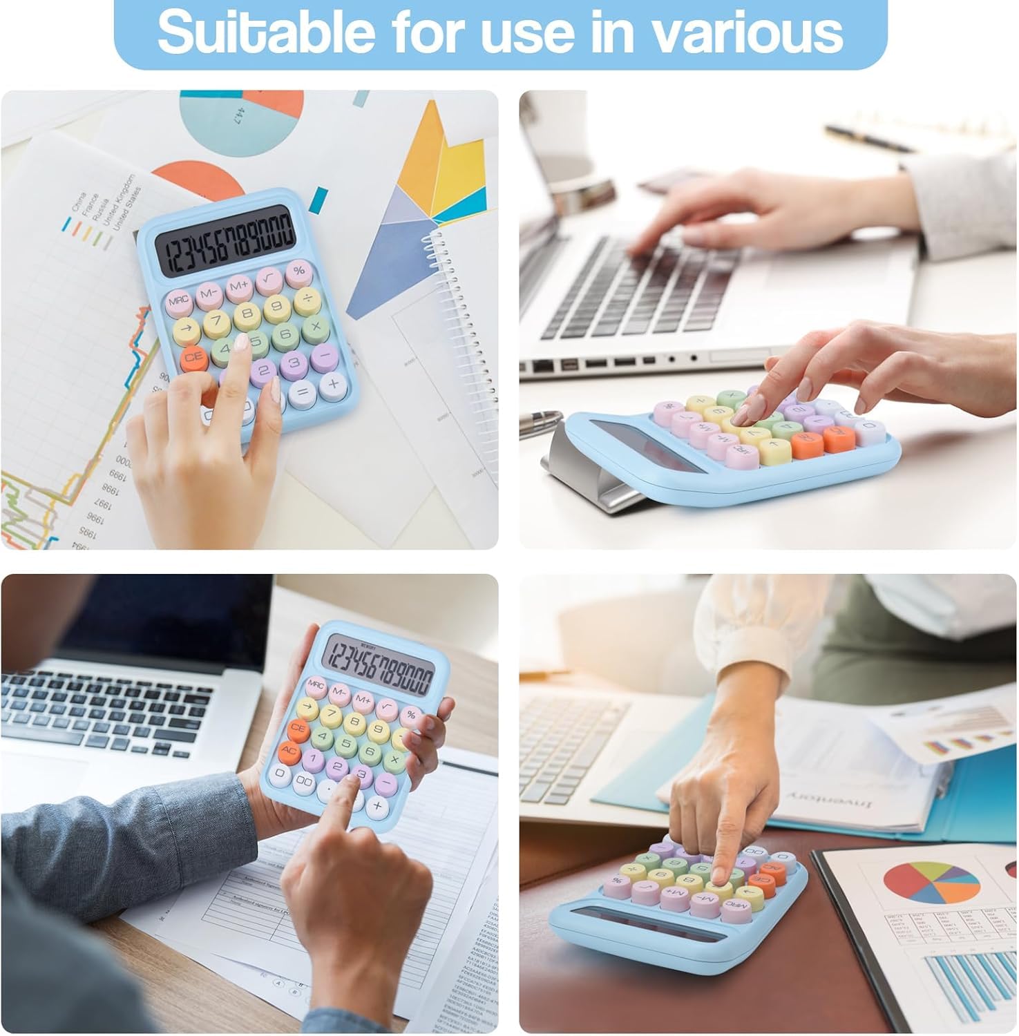 UCRAVO Blue Cute Candy Colored Basic Calculator 12-Digit, Large LCD Display, Sugar Cube Buttons, Desktop Office School Supplies