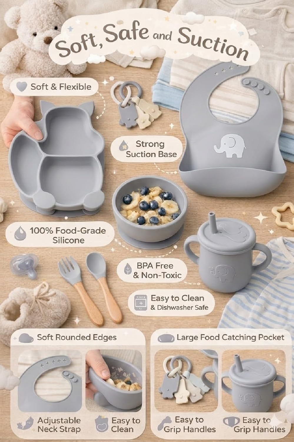 UCRAVO Grey Silicone Baby Feeding Set 6PCS Toddler Dinnerware Set with Strong Suction Bowl & Divided Plate, Adjustable Waterproof Bib with Food Catcher, Spill Proof Straw Sippy Cup, Baby Spoon & Fork