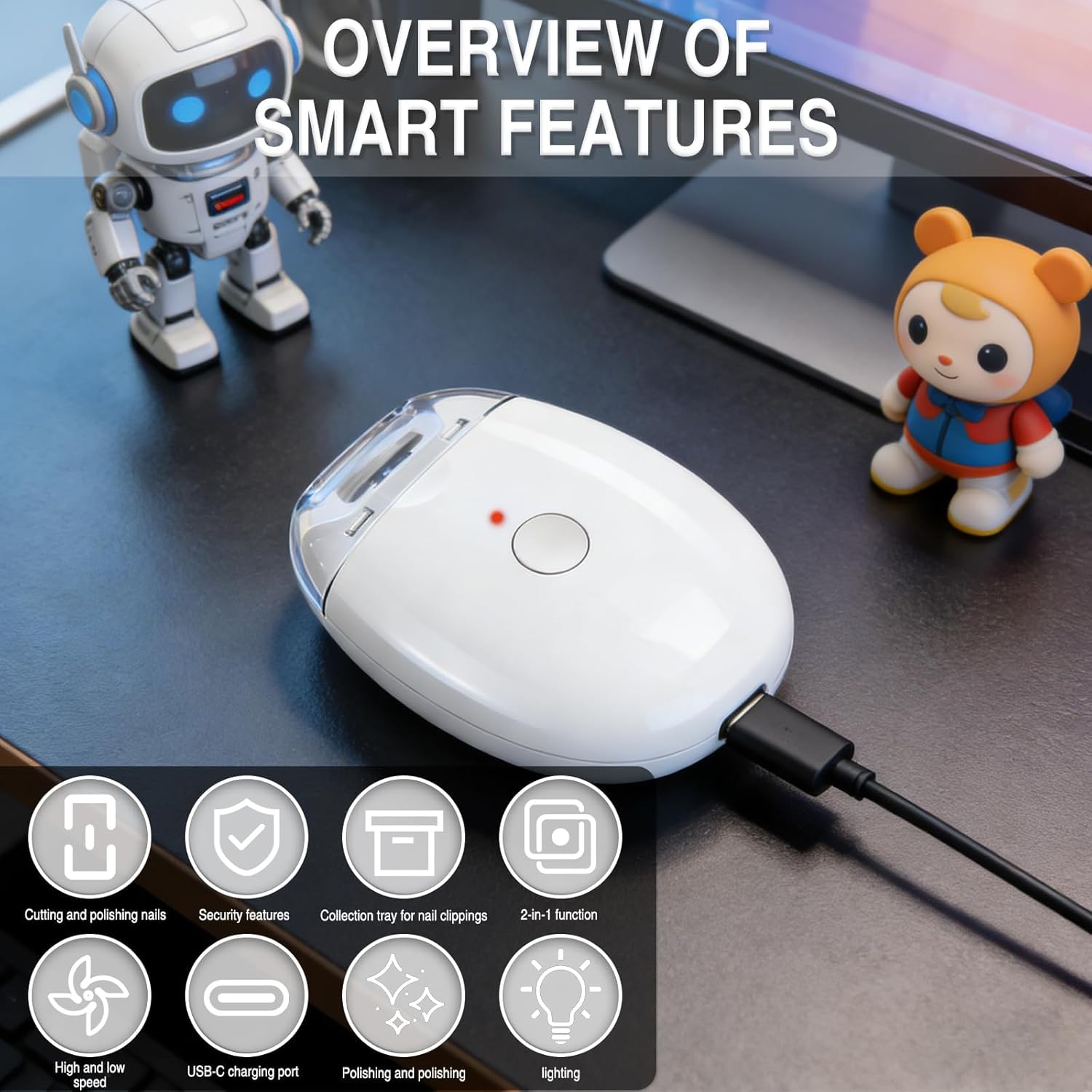 UCRAVO Portable Electric Nail Clipper Automatic Fingernail Grinder with LED Light,3 Adjustable Speeds,Silent Nail Cutter & Polishing Machine, USB Rechargeable Trimmer for Baby, Kids, Adults & Seniors