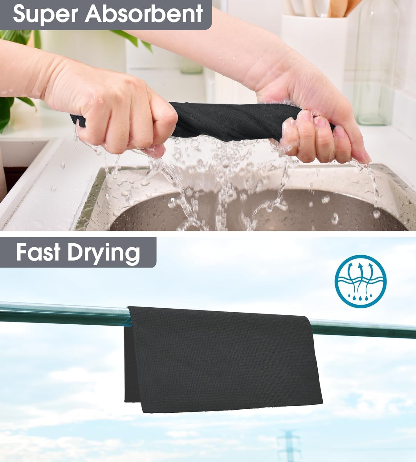 UCRAVO Microfiber Cleaning Cloth Roll, 20Pcs, 4000 Times Washable 10X Cheaper Than Paper Kitchen Towel Roll Ultra Absorbent Lint Free Microfiber Cleaning Cloth for Kitchen Tearable, Reusable - Black