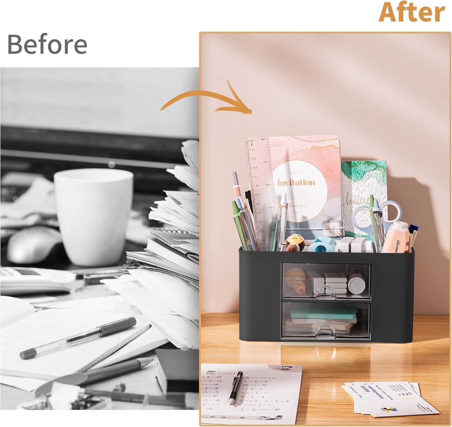 UCRAVO Multi-Functional Desk Organiser with 5 Compartments and 2 Drawer Desktop Office Supplies Stationery Storage Box Cosmetic Organizer for Ballpoint Pens Staplers Clips Sticky Notes - White