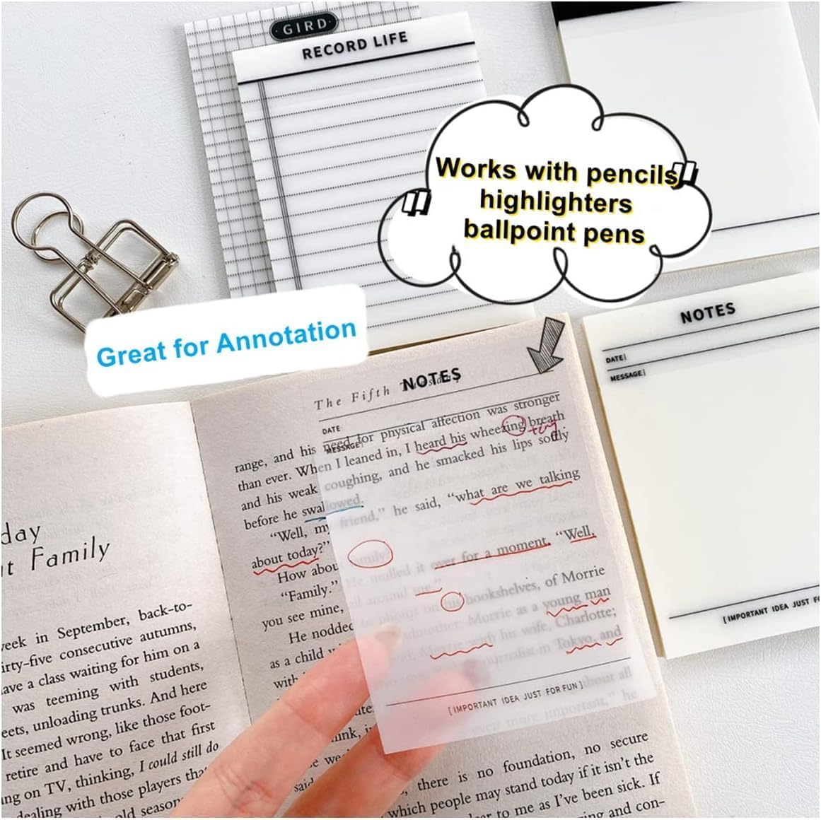 UCRAVO Transparent Sticky Notes Self-Stick Note Pads, Transparent Self Adhesive Removable Notes Perfect for Studying and Writing in Text Books Ideal for Studying, Writing, and Office Organization