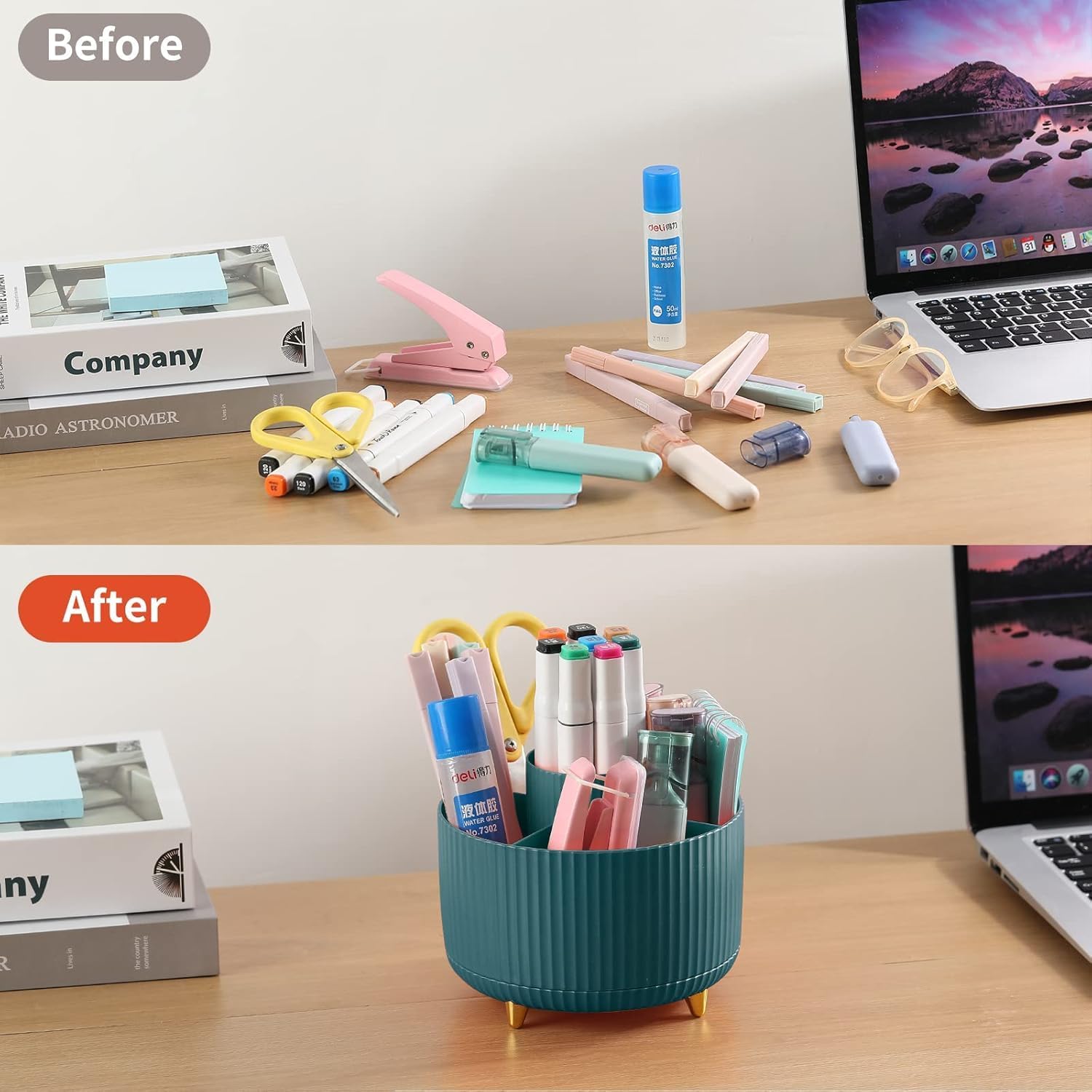 UCRAVO 360° Rotating Pen Holder for Desk with 5 Compartments – Desk Organizer for Office Supplies, Pencil Holder Stand, Stationery Organizer, Makeup Brush Holder, Art Supply Storage Box Caddy – Green