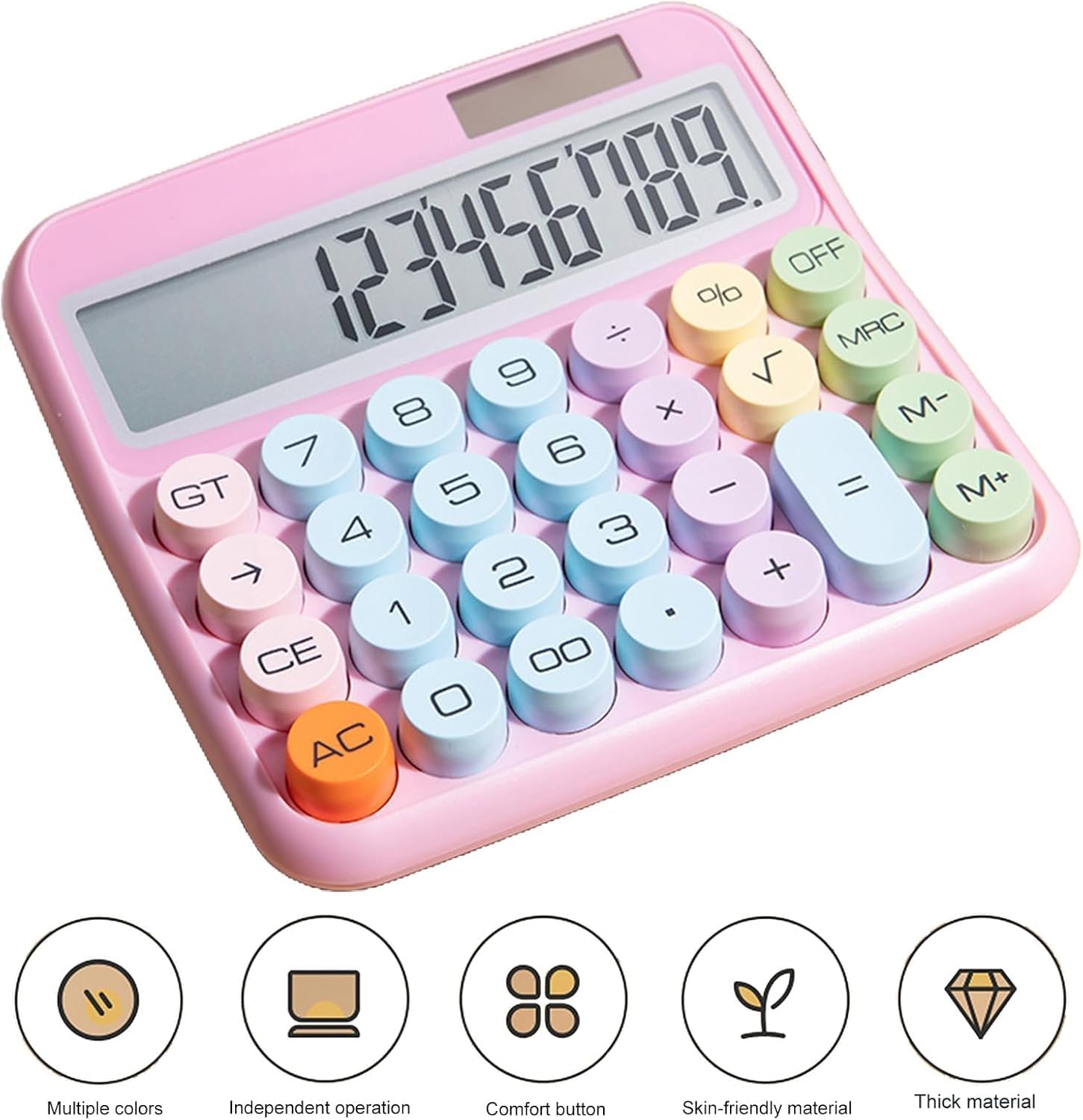 UCRAVO Cute Pink Calculator, 12-Digit Large LCD Display, Pastel Mechanical Round Button, Big Size Desktop Adding Machine for Office, School & Home, Aesthetic Stationery