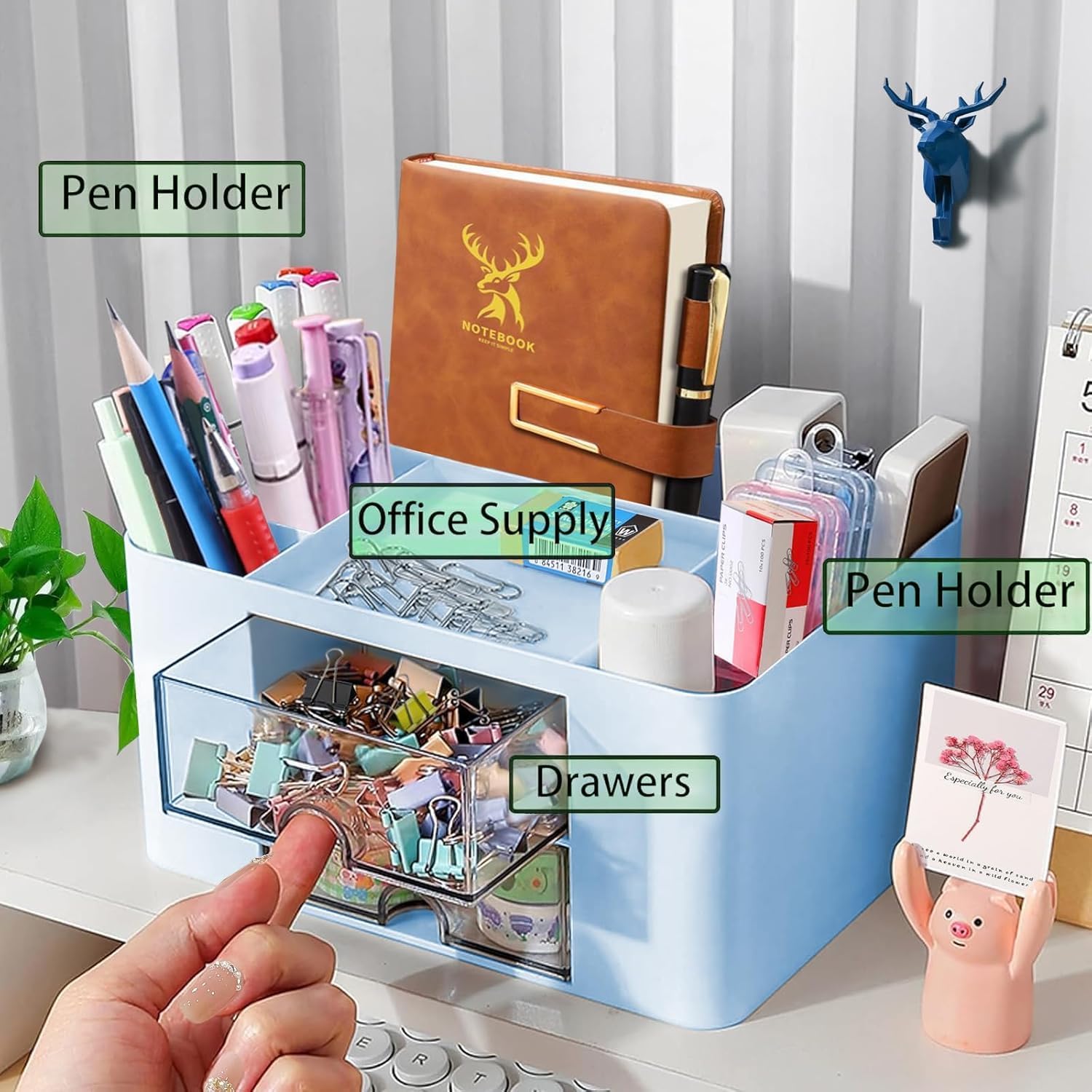 UCRAVO Multi-Functional Desk Organiser with 5 Compartments and 2 Drawer Desktop Office Supplies Stationery Storage Box Cosmetic Organizer for Ballpoint Pens Staplers Clips Sticky Notes - White