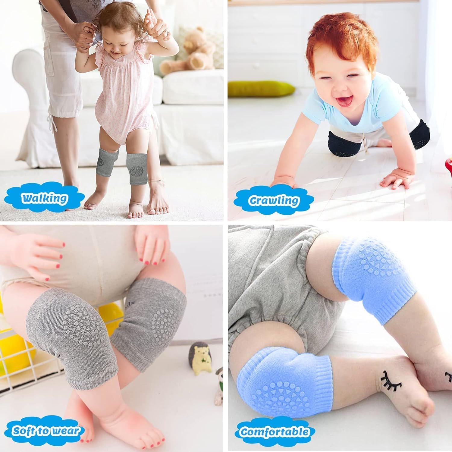 UCRAVO Set of 2 Pairs Baby Knee Pads for Crawling, Anti-Slip Padded Stretchable Elastic Cotton Soft Breathable Comfortable Knee Safety Protector Cushion Infant Toddlers Baby Crawling Pad - Multicolor