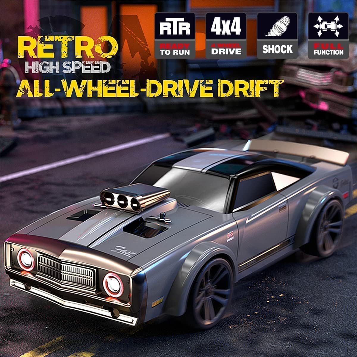 UCRAVO 1:16 Scale High Speed Drift Racing Remote Control Car 4WD 38KM/H | 2.4GHz Wireless RC Drift Car with LED Headlights | Rechargeable Battery, Extra Drift Tires & Tool Kit | Fast RC Racing Car