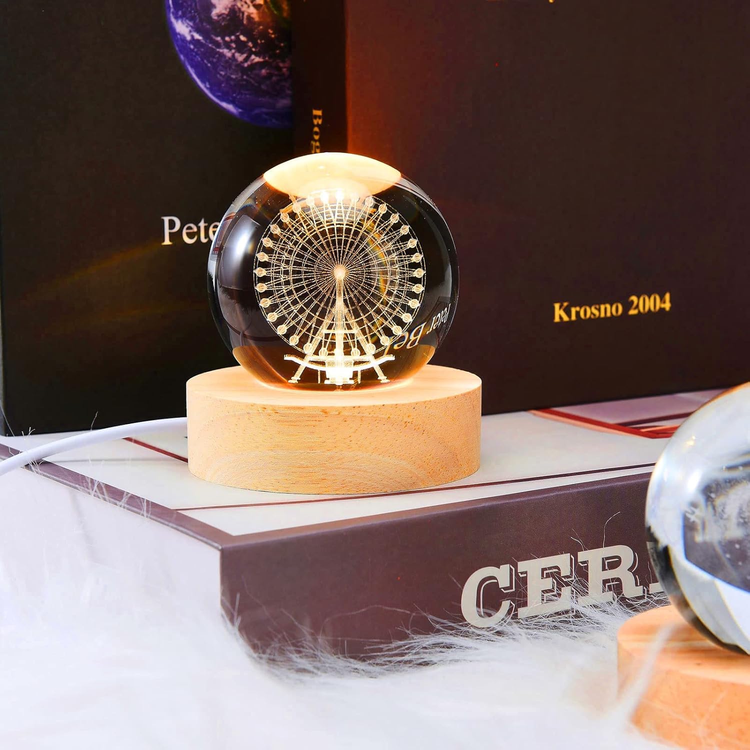 UCRAVO 3D Crystal Ball Night Light Space Lamp Decorlamp Glass Ball with Wooden Base, Birthday Astronomy Gift for Teens Boys Kids Nightlight Bedroom Home Decor Accessories(Ferris Wheel)