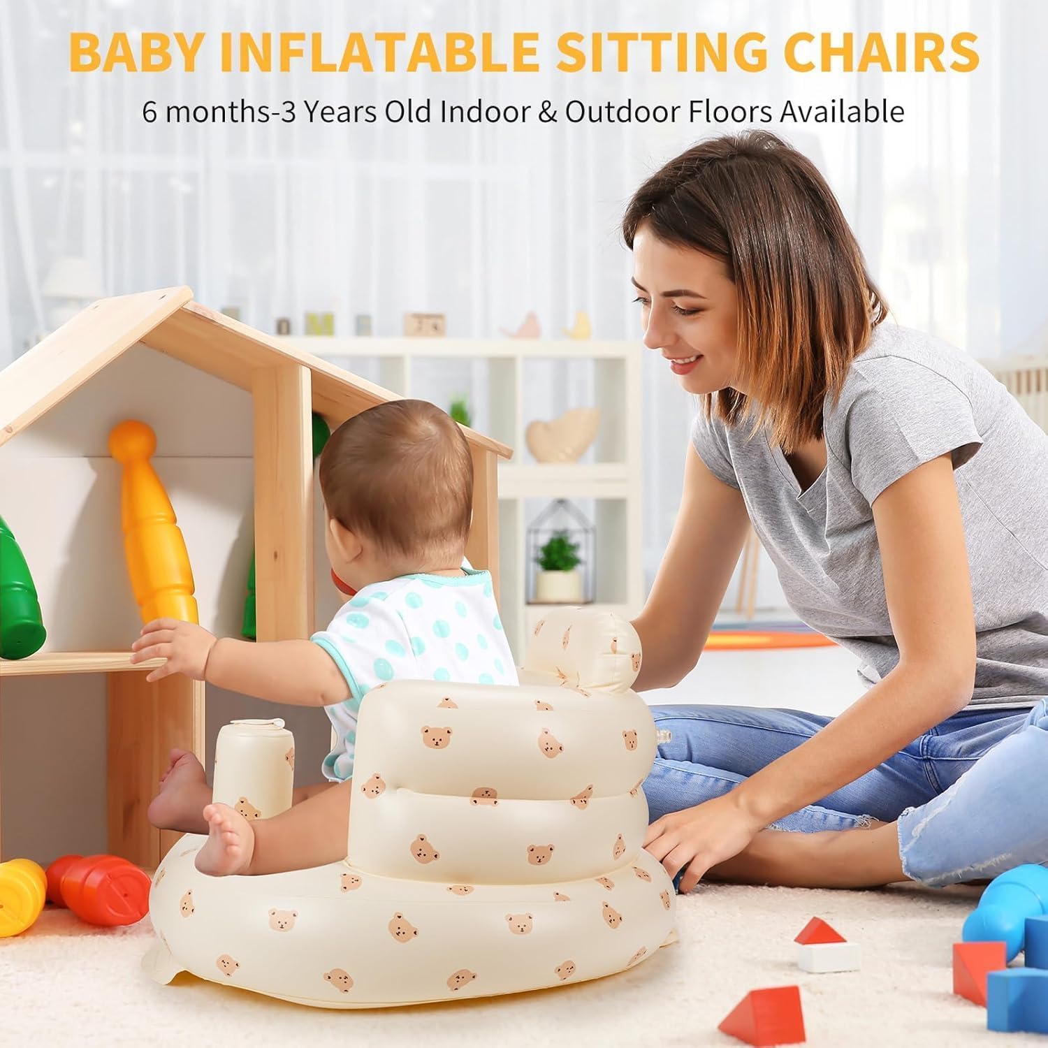 UCRAVO Baby Inflatable Sofa Seat for Sitting Practice Infant Support Chair with Backrest, Arm & Safety Bumper | Soft Air Filled Baby Floor Seat for 3–12 Months | Portable Baby Sitting Training Chair