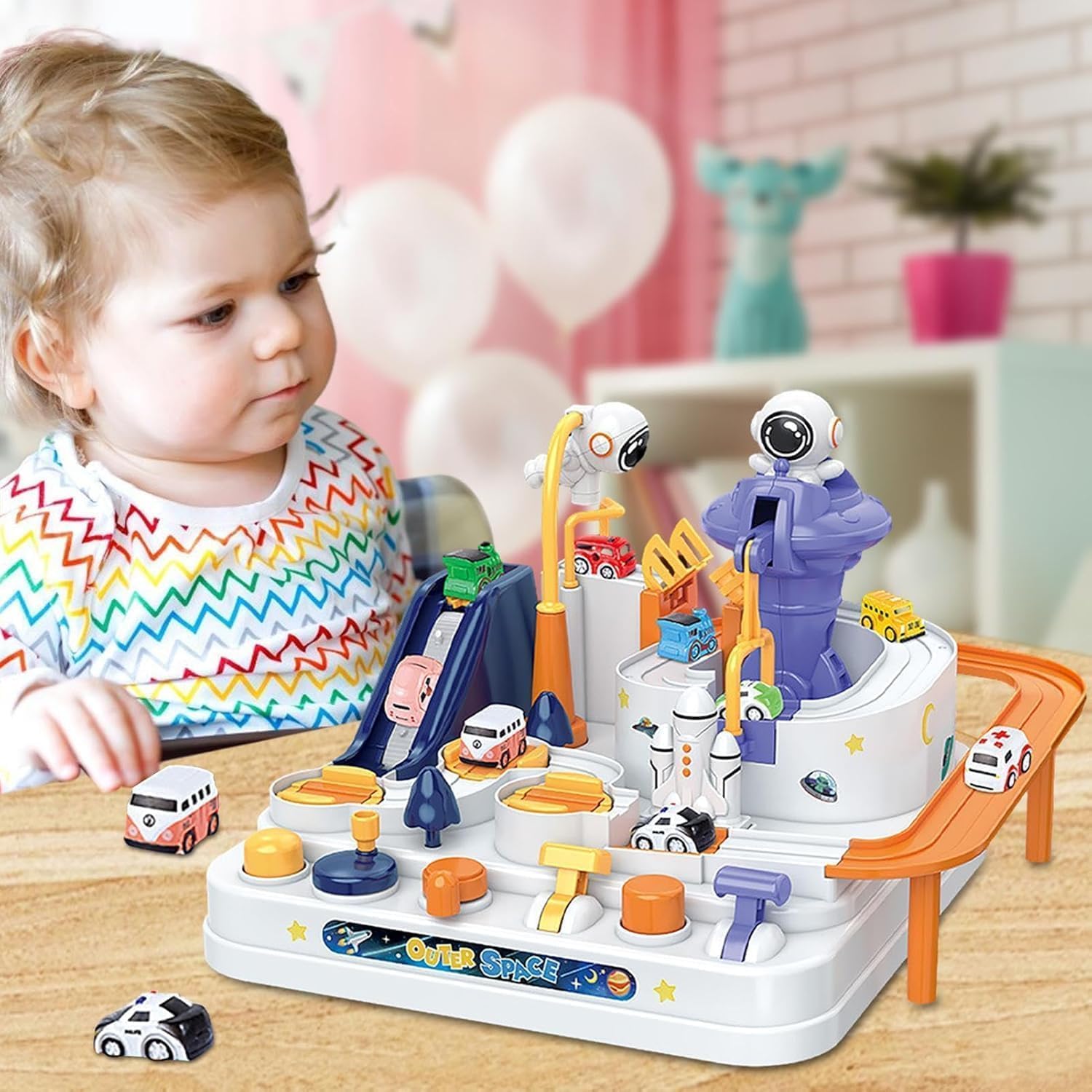 UCRAVO Space Orbit Challenge Adventure Cars Track Toy, Preschool Educational Puzzle Car Track Playset, City Rescue Vehicle Ramp Race Set with Space Theme, Interactive Toddler Learning Toy Gift