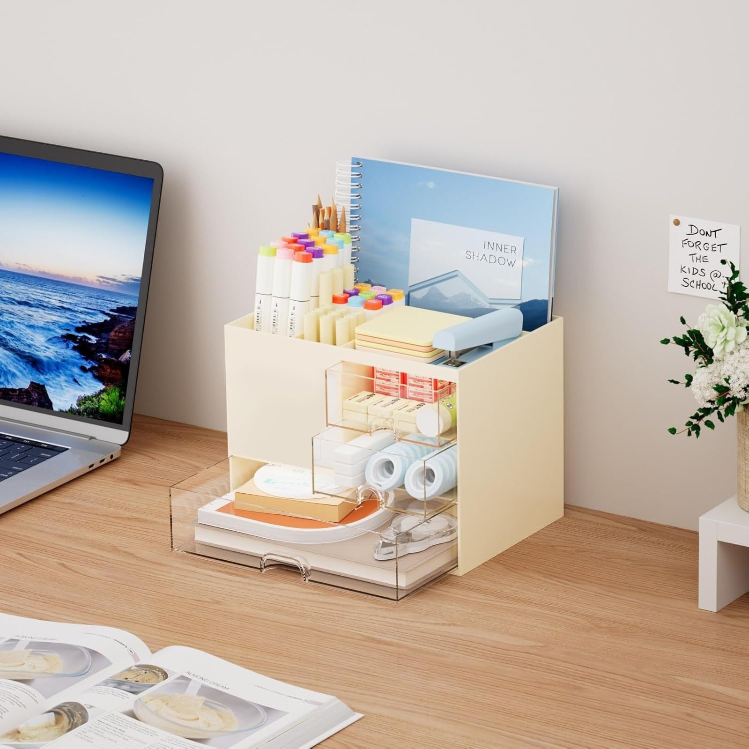 UCRAVO Student Desk Organizer and Storage with 3 Drawers | Aesthetic Pastel Beige Clutter Control Solution | Multi-Functional Large Capacity Table Organizer for Study, School Supplies & Office Use