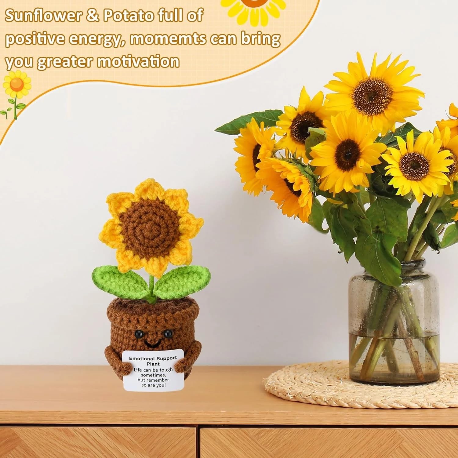 UCRAVO Emotional Support Crochet Sunflower Plant with Pot – Handmade Knitted Sunflower Plush Decor with Positive Card, Cute Desk Decor Plant for Office, Home, Car Dashboard |Funny Encouragement Gift