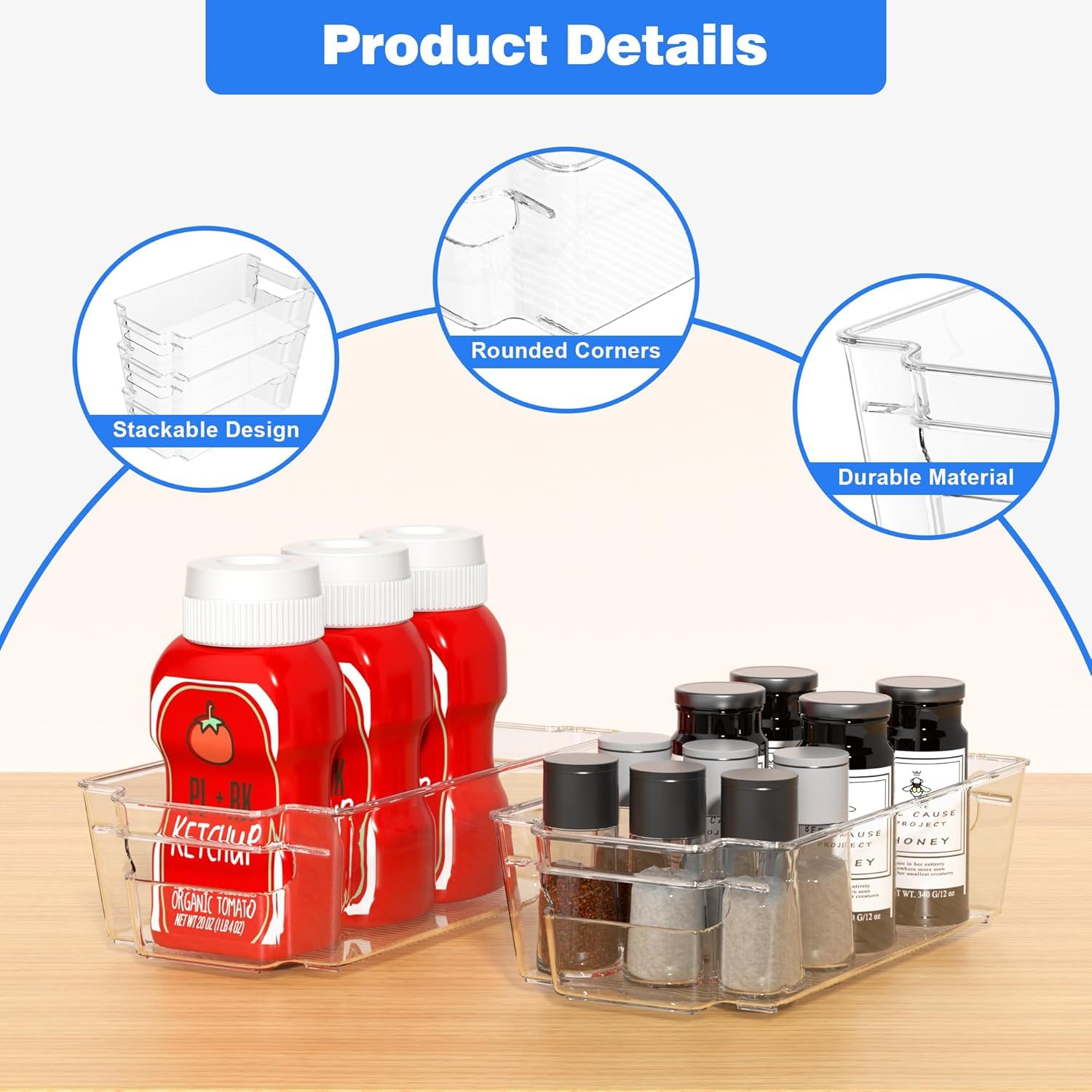 UCRAVO Refrigerator Storage Bins for Kitchen Organization 4 Clear Plastic Fridge Basket with Easy Grip Handle Multipurpose Stackable Pantry Containers for Vegetables, Fruits, Packets & Food Items