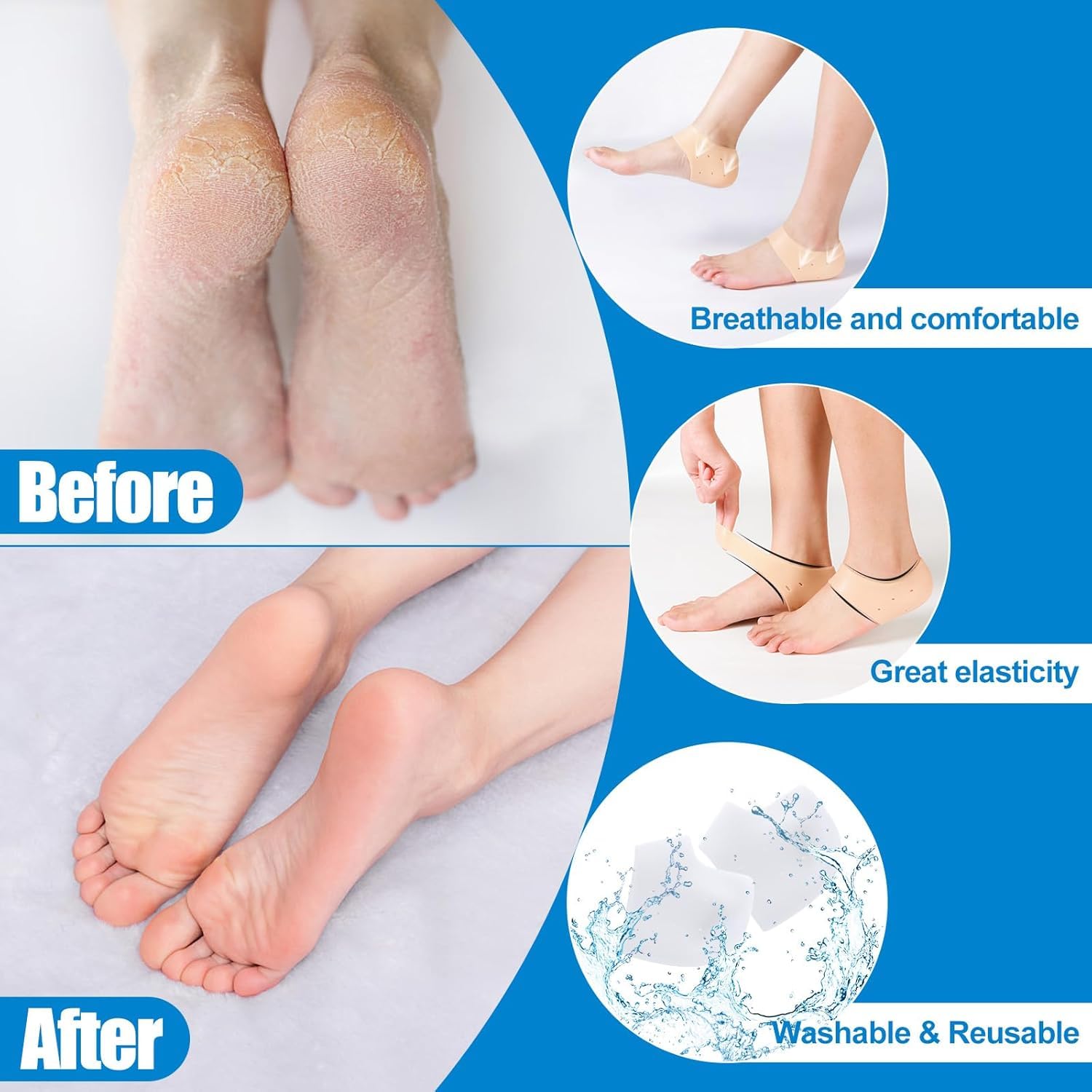 UCRAVO Silicone Heel Protectors, 1 Pair Gel Heel Cushions for Dry Cracked Heels, Plantar Fasciitis & Pain Relief, Breathable Reusable Moisturizing Heel Sleeves for Men & Women for Foot Care