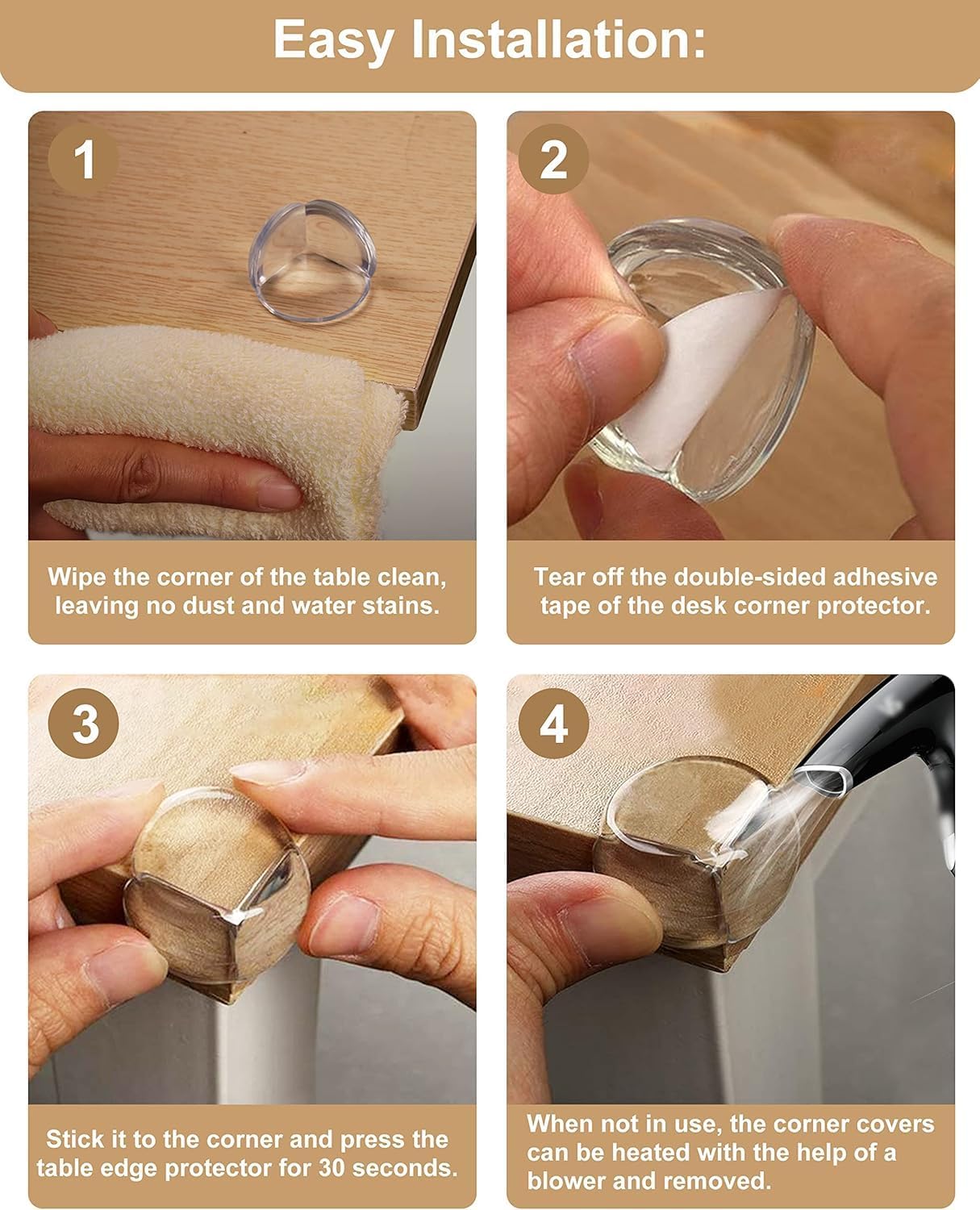 UCRAVO 4 Pcs Round Corner Protector for Baby and Kids Adhesive Table Corner Guard for Furniture, Child Proofing, Safety Protection for Children, Clear Sharp Corner Covers, Sticky Edge Bumpers