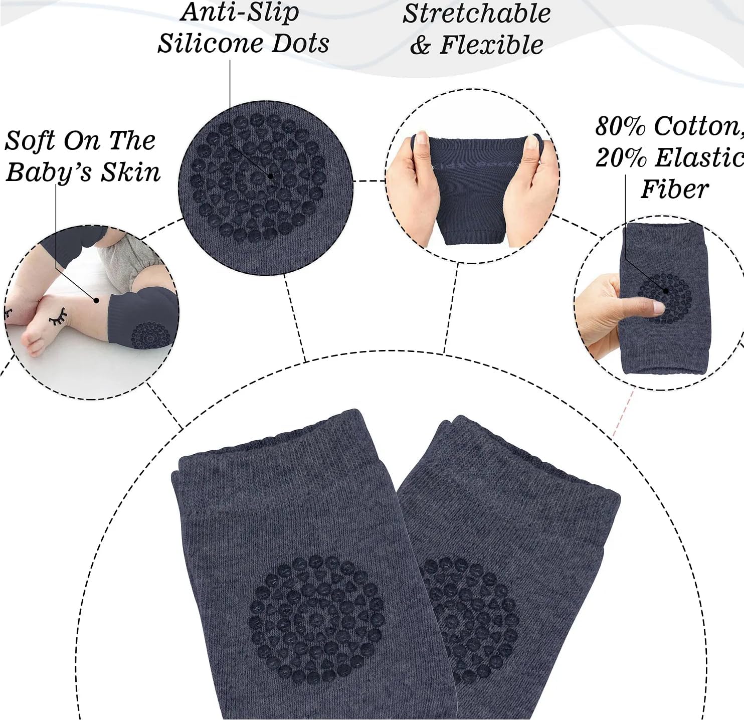 UCRAVO Set of 2 Pairs Baby Knee Pads for Crawling, Anti-Slip Padded Stretchable Elastic Cotton Soft Breathable Comfortable Knee Safety Protector Cushion Infant Toddlers Baby Crawling Pad - Multicolor