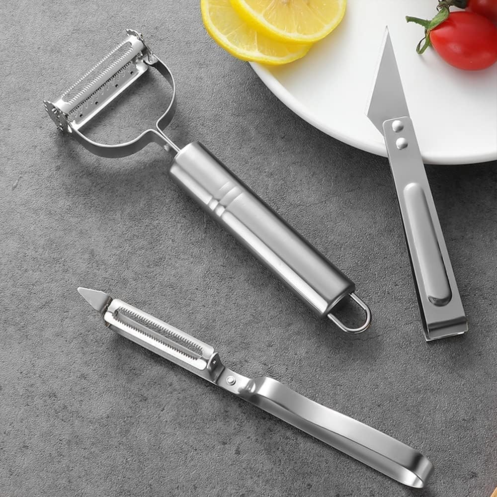 UCRAVO Premium Stainless Steel Vegetable Peeler, Julienne Cutter & Fruit Knife Set for Kitchen | 3-in-1 Multi Functional Peeler for Potato, Carrot, Fruits | Sharp Blade, Rust-Free, Dishwasher Safe
