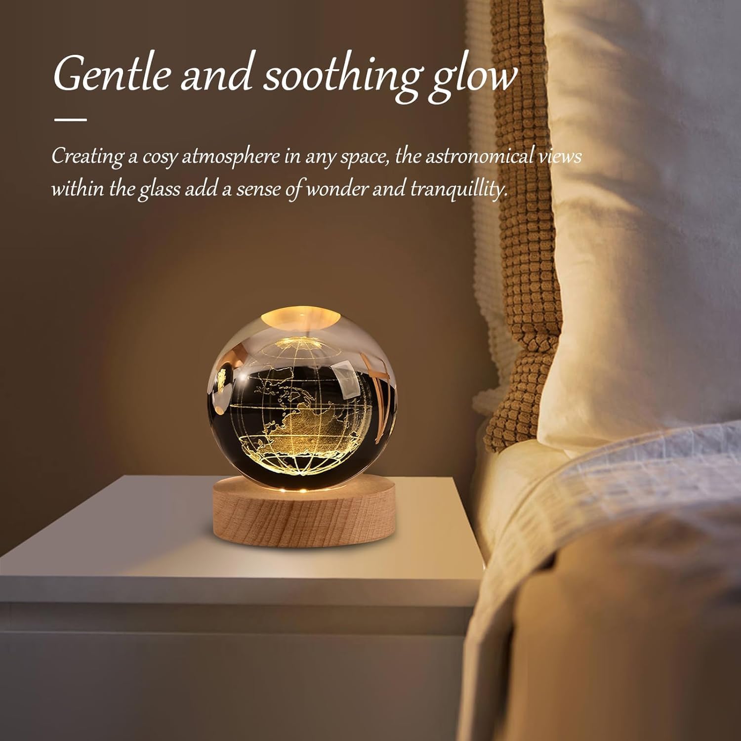 UCRAVO 3D Earth Crystal Ball Night Light Glass Ball Night Lamp with Wooden Base Fantasy Decoration Crsytal Ball LED Galaxy Planet Nightlight Bedroom Decor for Multipurpose Warm White Light(Globe)