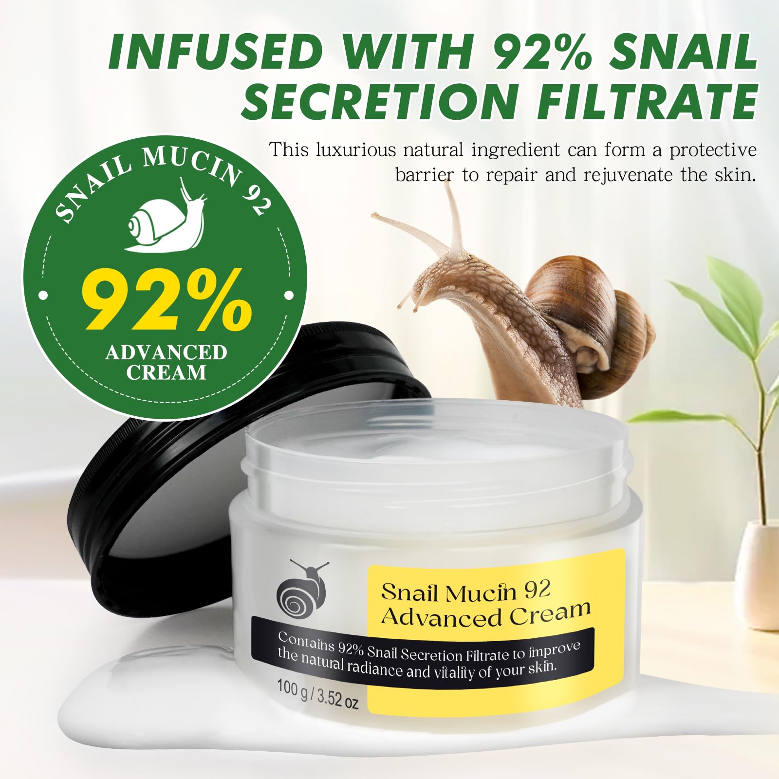 Snail Mucin 92% Repair Serum Cream - Face Moisturizer Hydrating Anti Age Firming Wrinkle Reduction Daily Repair Snail Mucin Face Cream for Dry & Sensitive Skin, All Skin Types-100 g/3.52 oz