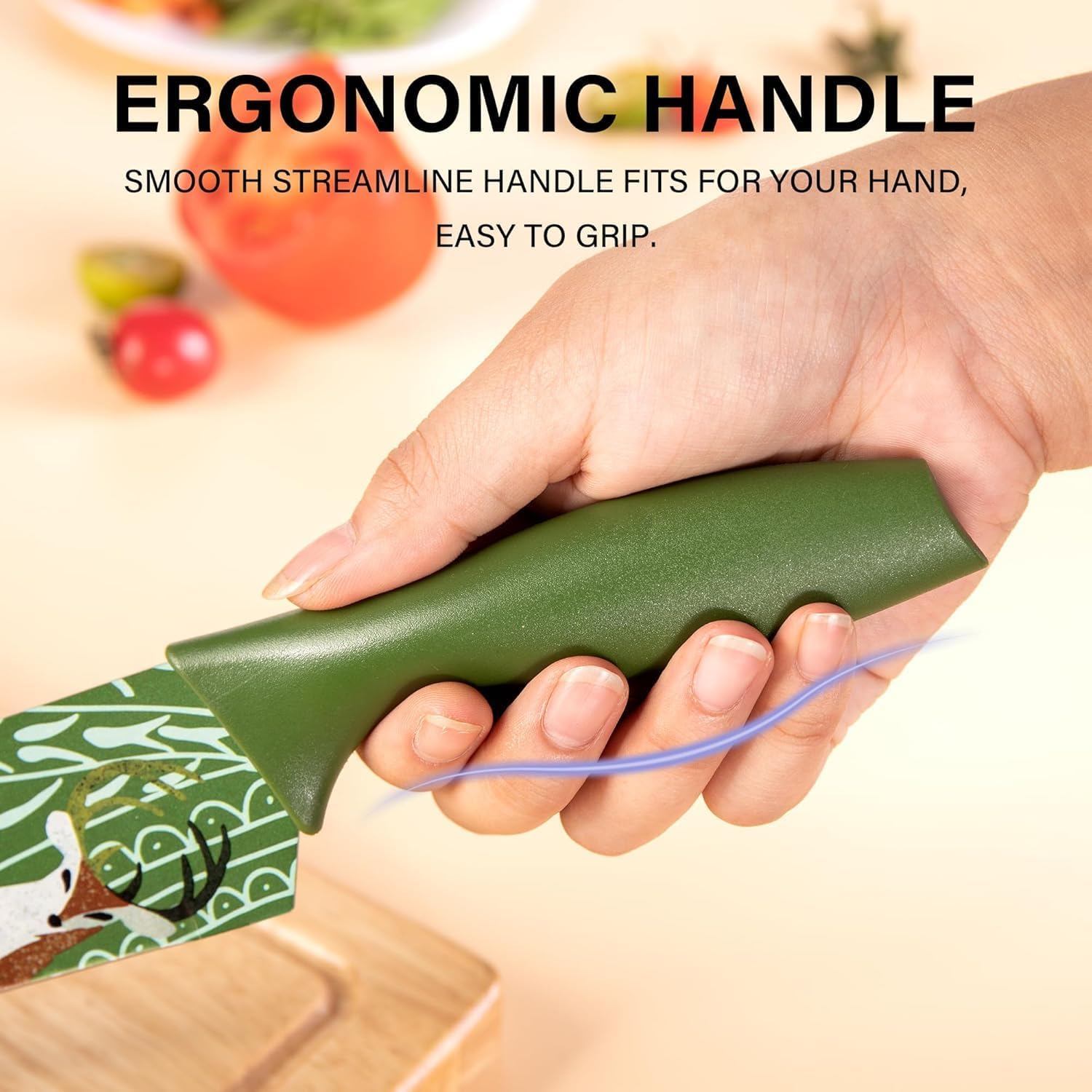 UCRAVO 3 Pcs Green Professional Kitchen Knife Set, Colorful Stainless Steel Chef Utility, Paring Knife, Razor Sharp Multipurpose Knives for Cutting Vegetables, Fruits, Bread with Non Slip Handle