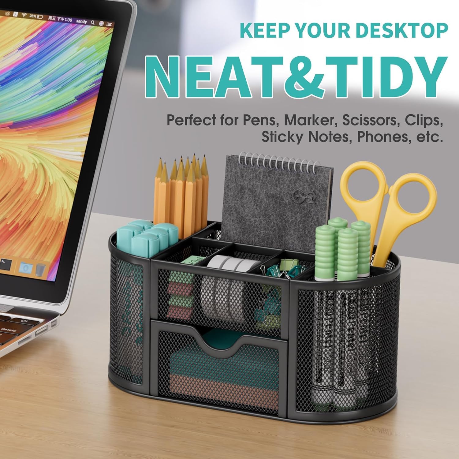 UCRAVO Black Round Mesh Pen Stand, Pencil Holder, Pen Organizer for Desk, Pen Cups, Stationary Storage Stand, Makeup Brush Holders, Pen, Pencil Holder for Office Home and Study Table