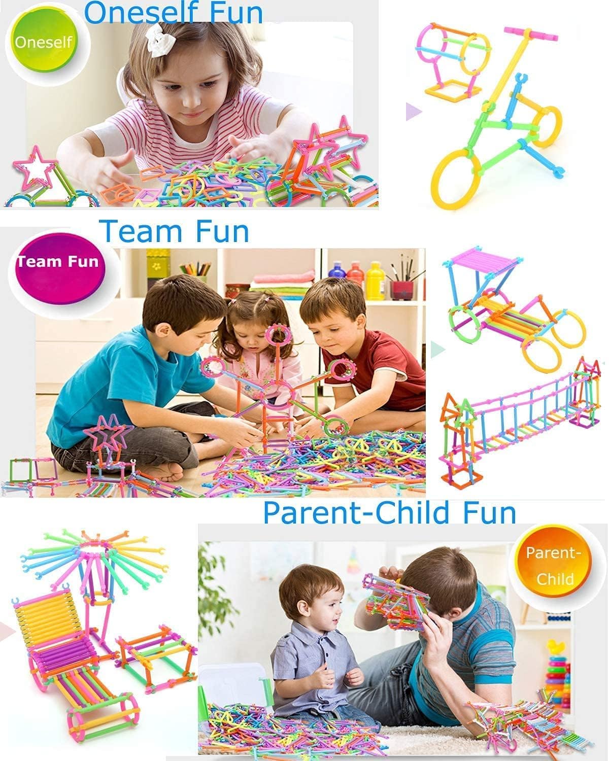 UCRAVO 100 pcs Building Sticks Connect Stick Blocks Creative Educational Toys Plastic Make Different Shapes by Children and Parents Toy Game Set for 3-8 Years Old Kids Boys & Girls-Multi Color