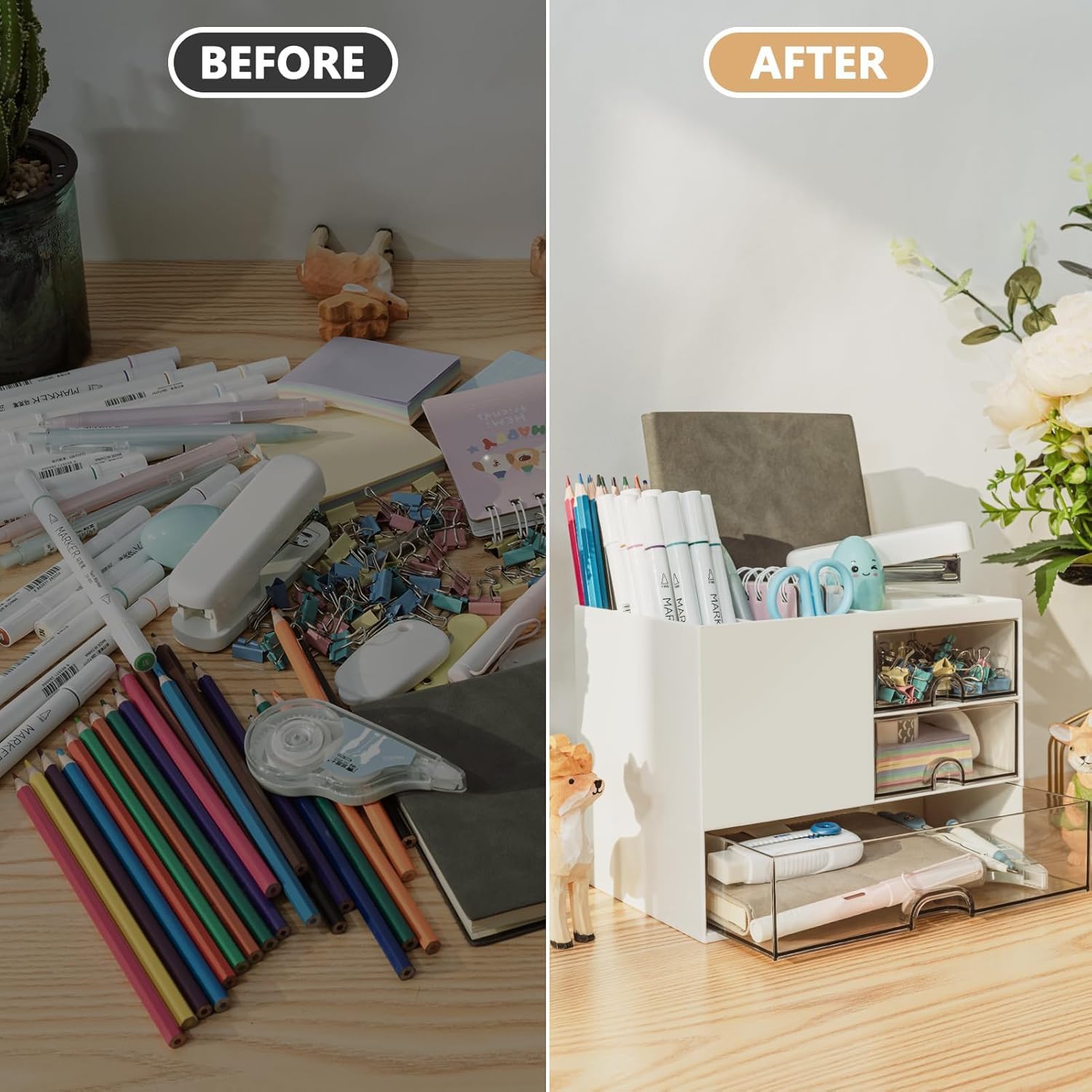 UCRAVO Multifunction Desk Organzier with Drawers, Cosmetic/Makeup Vanity Organizer Box, 3 Drawers Plastic Stationary Storage Organzier, Desktop Storage Drawers for Office Supplies,School,Home (White)