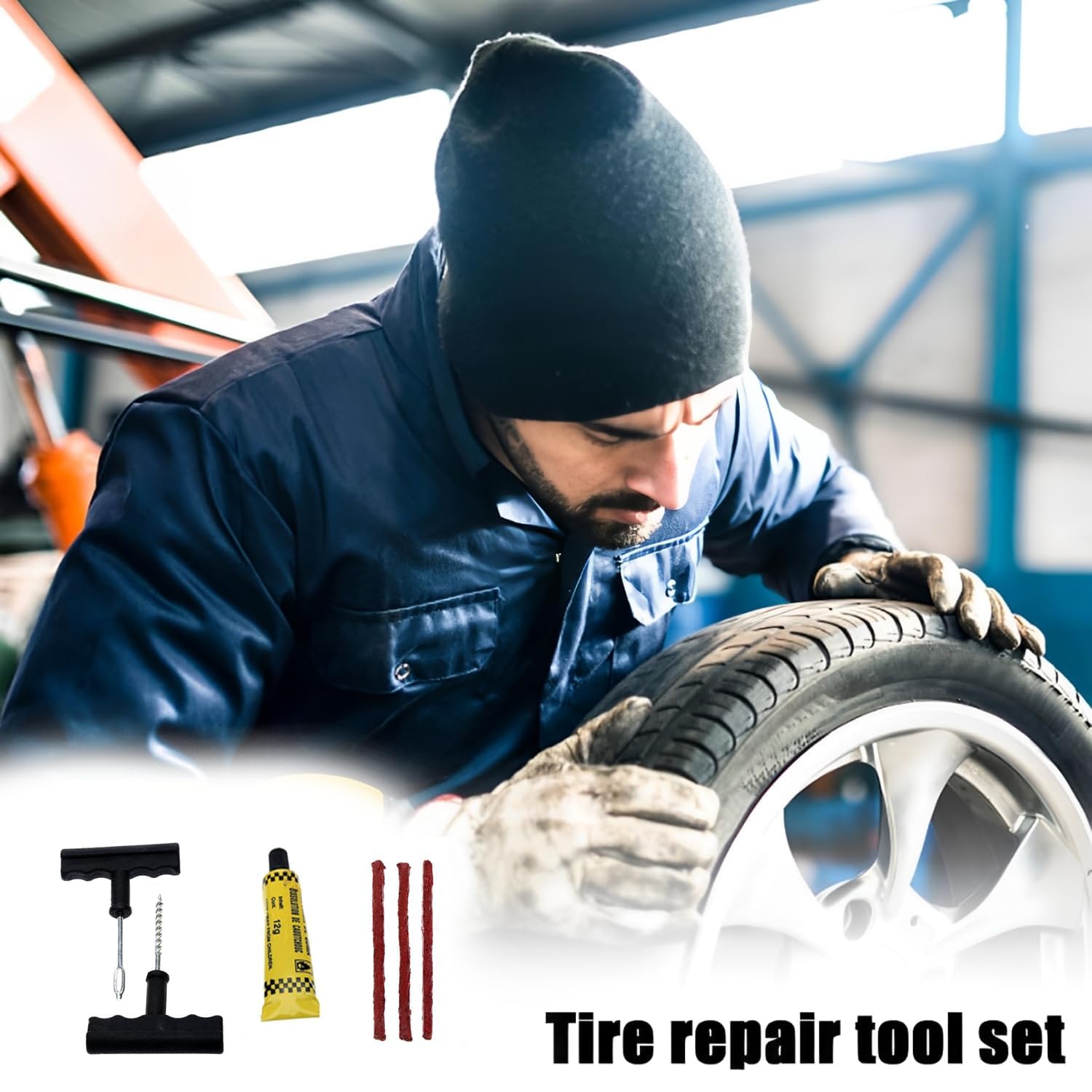 UCRAVO Tubeless Tyre Puncture Repair Kit Pack of 2 Car Bike Scooter Emergency Tire Repair Tool Set Heavy Duty T-Handle Reamer & Insertion Tool Rubber Repair Strips & Solution for Instant Air Leak Fix